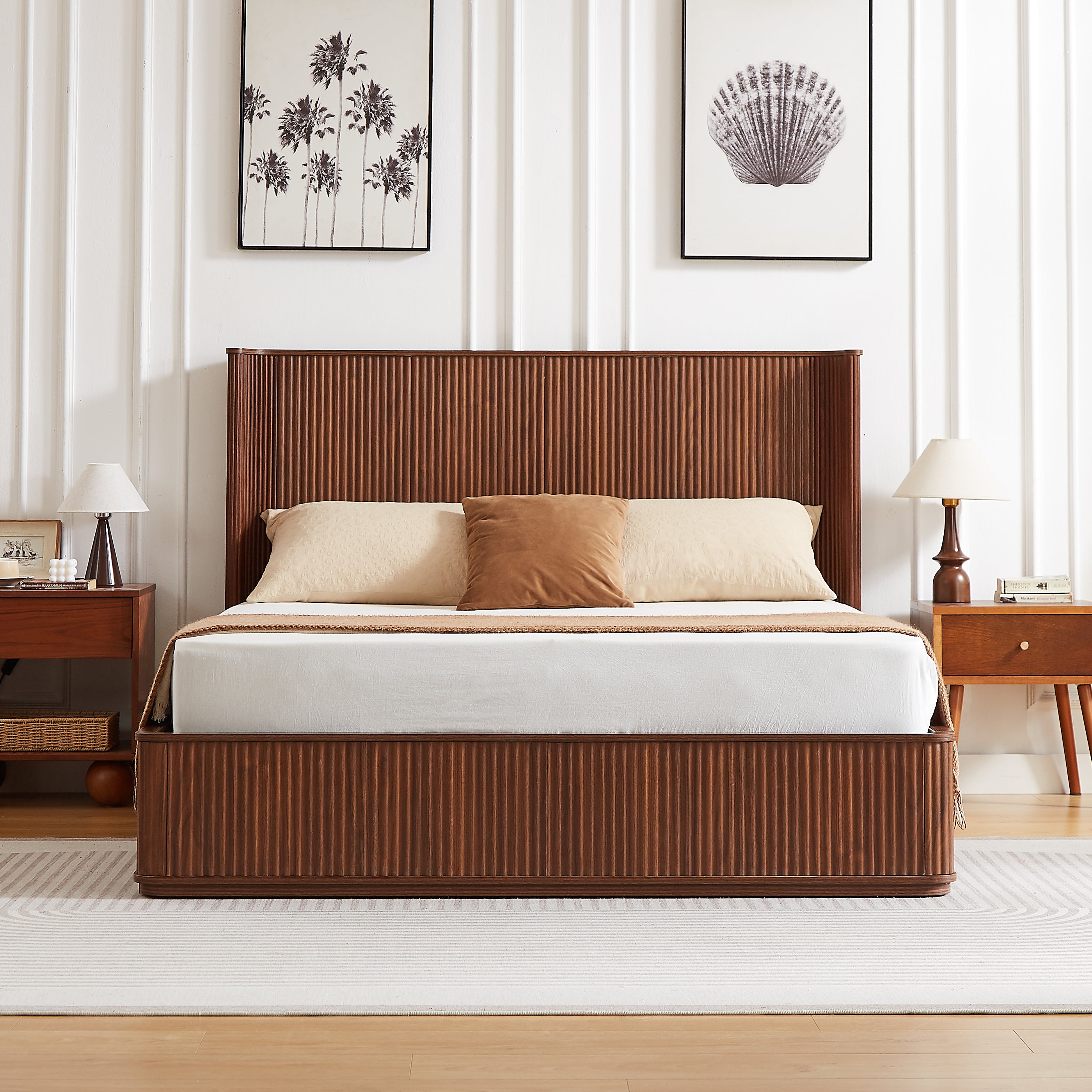 Walnut Corrugated Wave Wood Headboard Platform Bed frame, 44' Tall Headboard Queen Size Bed Frame, Modern Minimalist, Easy Assembly, No Box Spring Required