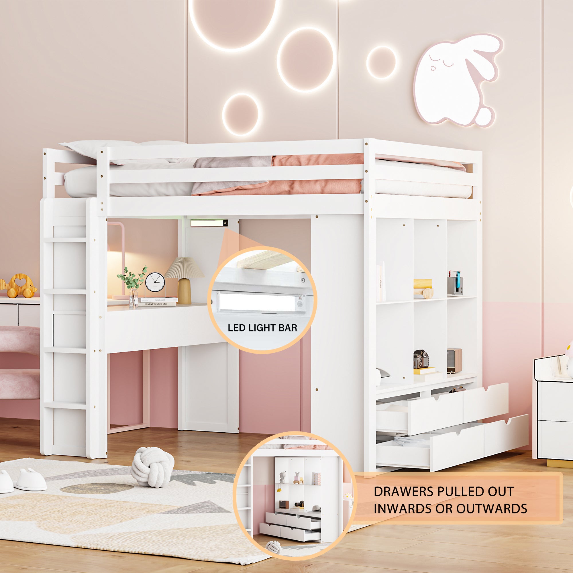Full Size Loft Bed with large shelves, writing desk and LED Light, White