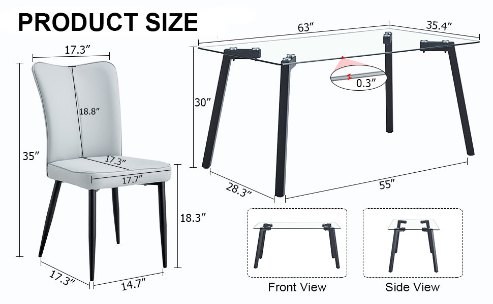 Table and chair set. 1 table and 6 light grey chairs. Glass dining table with 0.31-inch tempered glass tabletop and black coated metal legs. Equipped with light grey PU chairs 1123 008