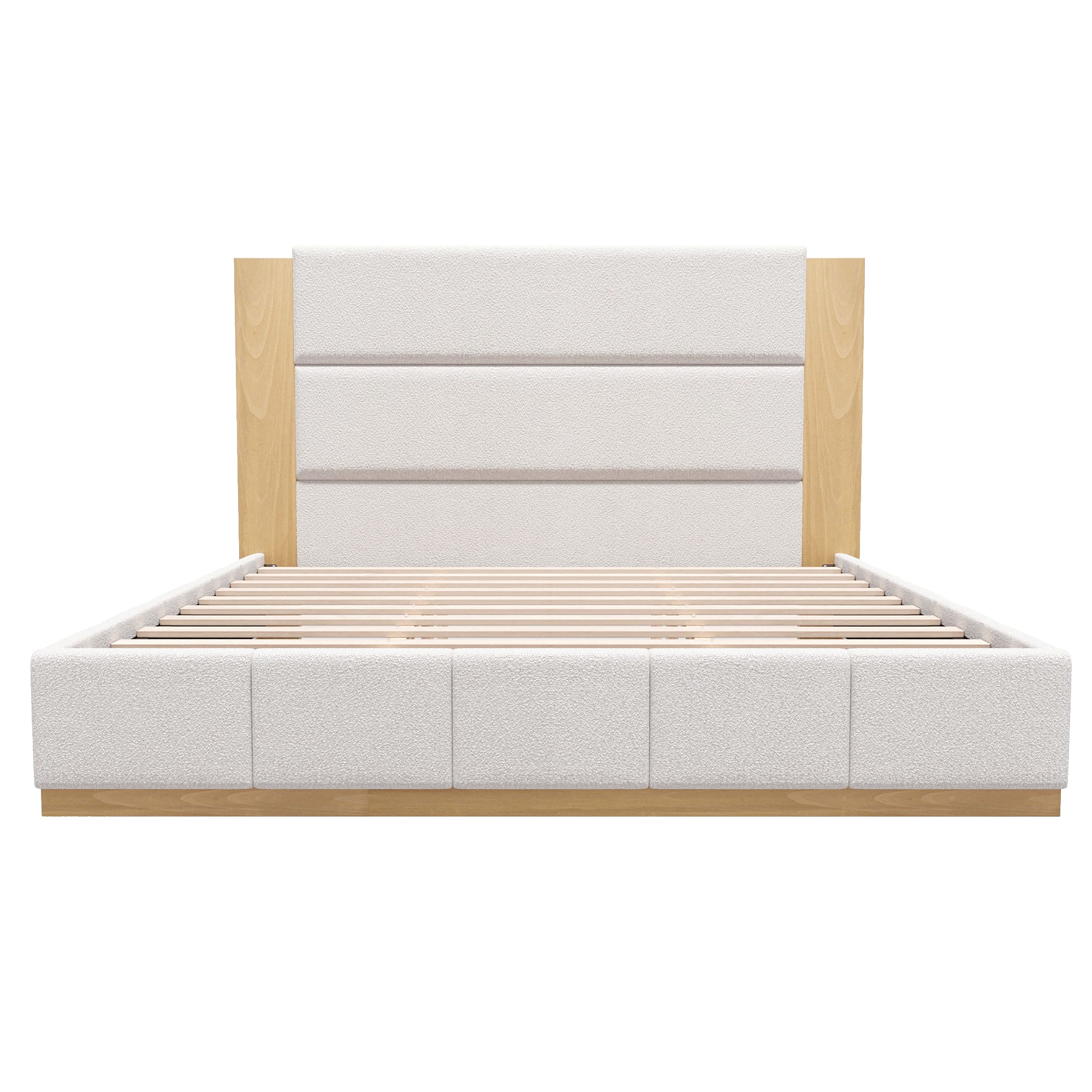 Modern Upholstered Platform Bed Frame with Extended Wood Headboard, King Size, White Boucle Fabric on Wood Base, No Box Spring Needed