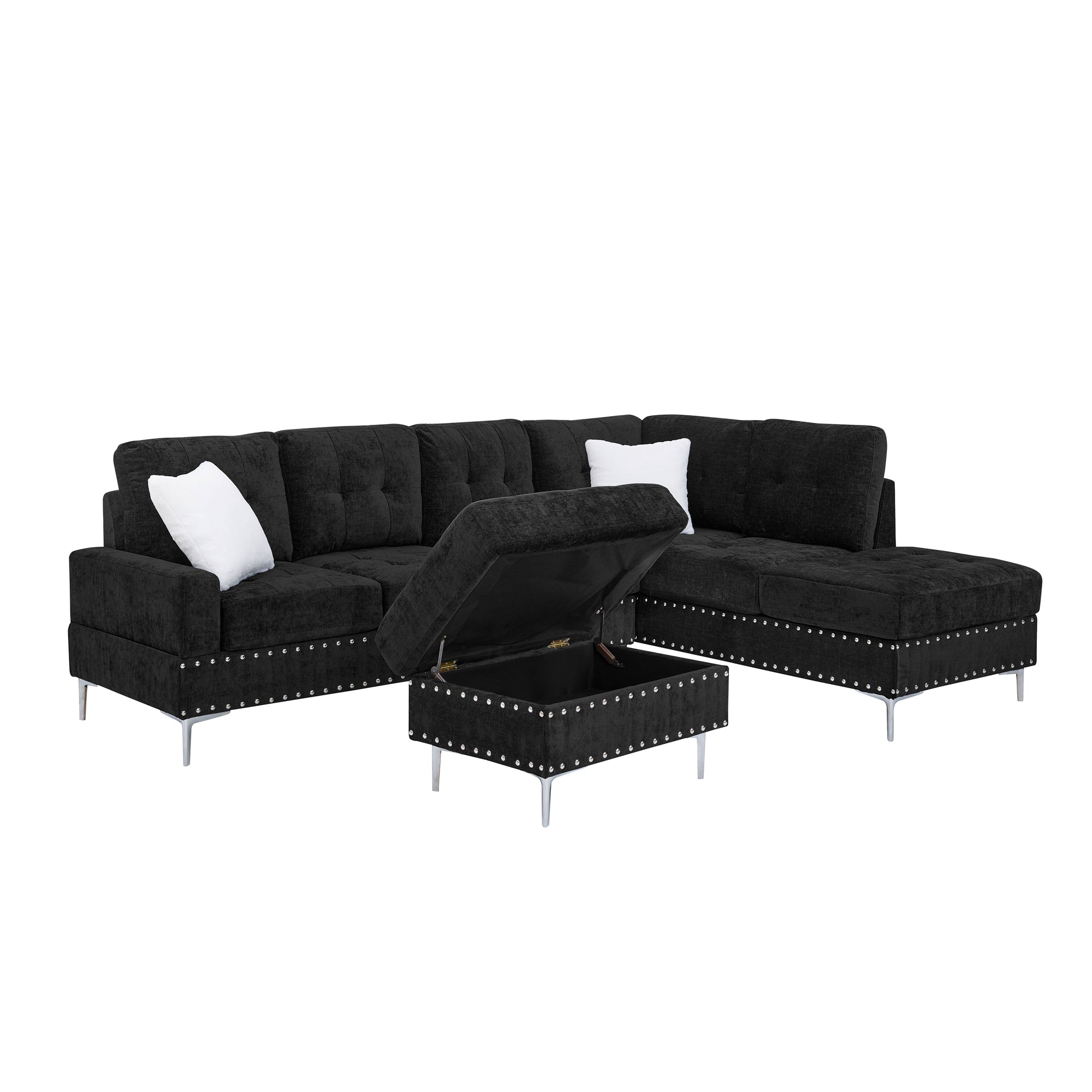 Modern L-Shaped Sectional Sofa with Chaise and Storage Ottoman in Black Chenille, Metal Legs and Copper Nails, Includes Two White Pillows, 102' x 76' x 35'