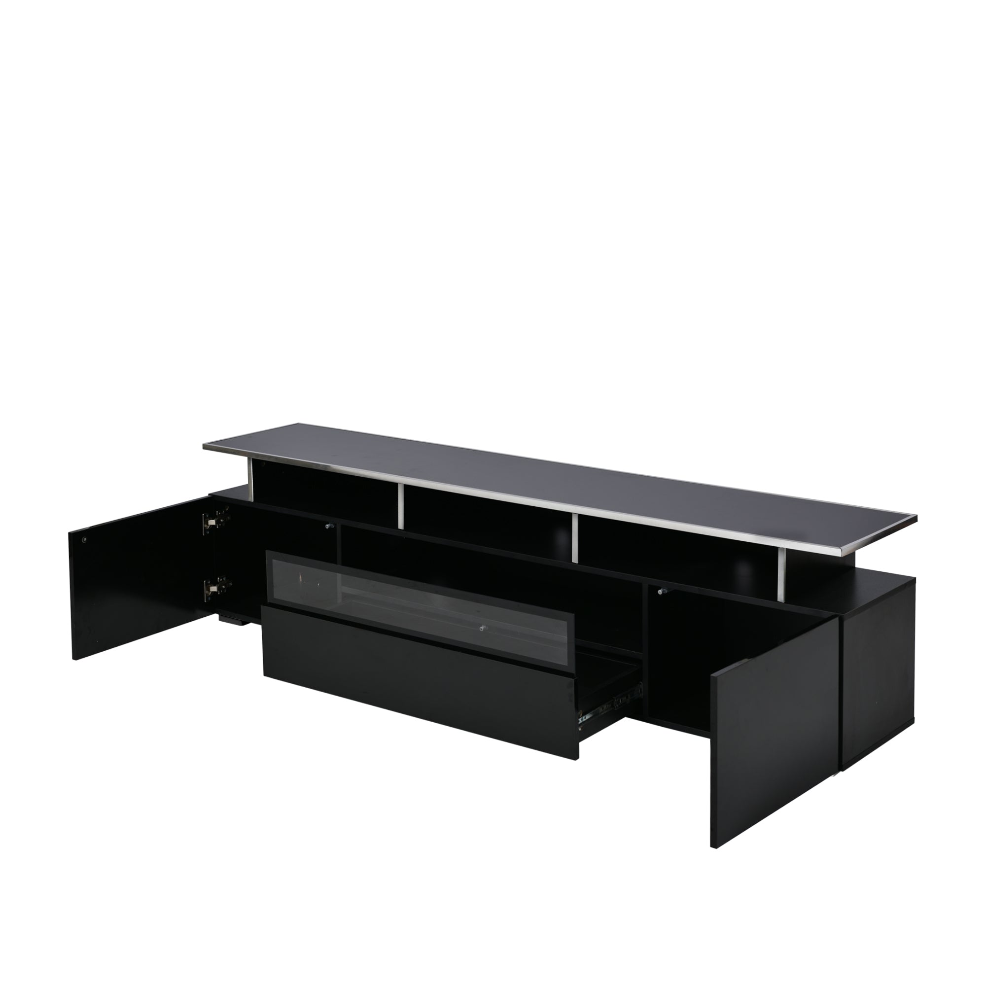 ON-TREND Modern TV Stand with Push to Open Doors, UV High-Gloss Entertainment Center with Acrylic Board for TVs Up to 80", Stylish TV Cabinet with LED Color Changing Lights for Living Room, Black