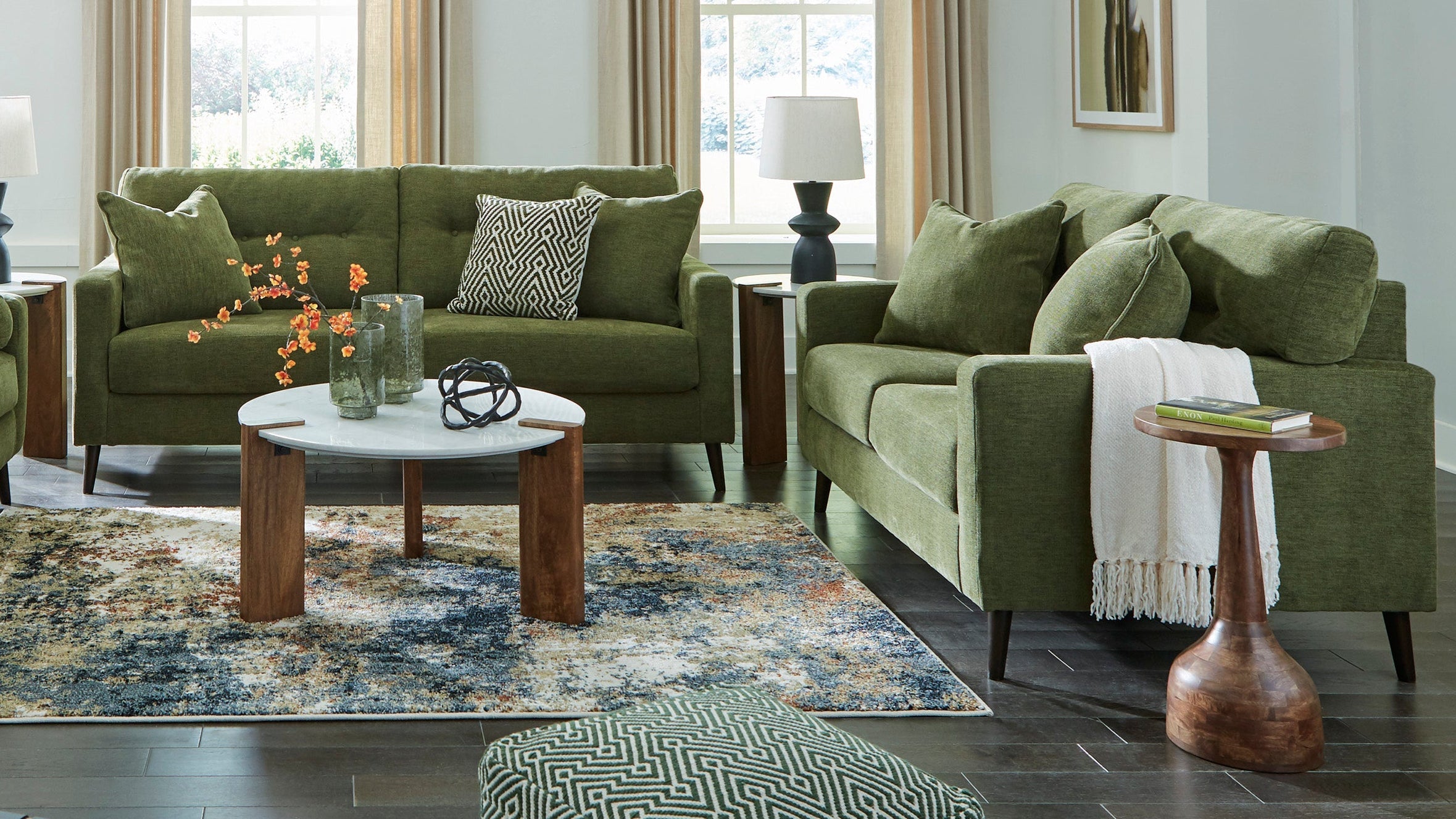 Ashley Bixler Olive Mid-Century Sofa and Loveseat Set