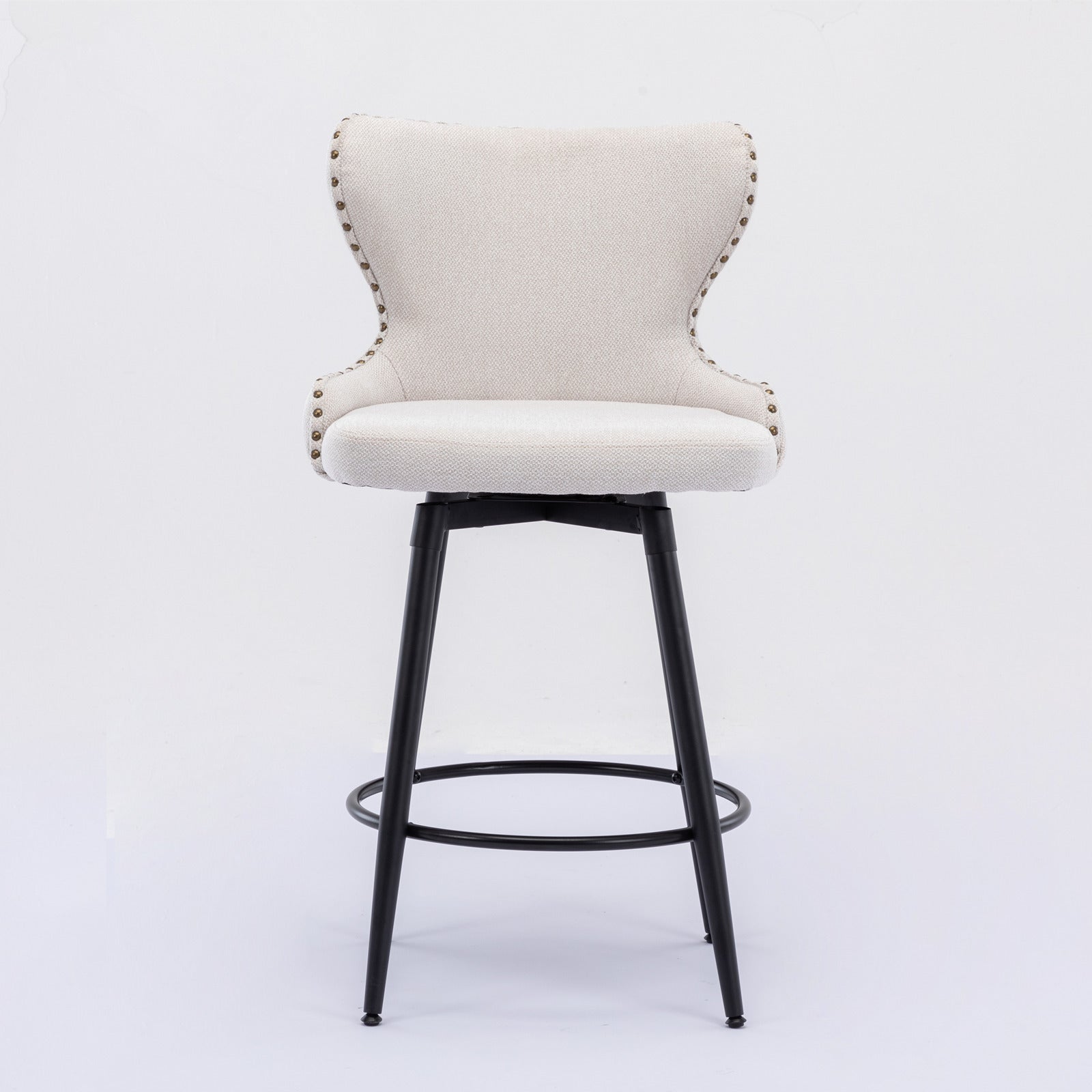 A&A Furniture,Counter Height 25" Modern Linen Fabric bar chairs,180° Swivel Bar Stool Chair for Kitchen,Tufted Cupreous Nailhead Trim Burlap Bar Stools with Metal Legs,Set of 2 (Beige)