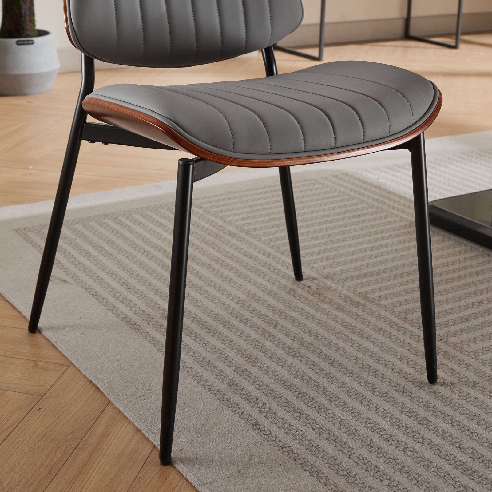 A&A Furniture, Dining Chairs Set of 2 Mid Century Modern Retro Faux Leather Chair with Walnut Bentwood Back Upholstered Seat Metal Legs Adjustable Foot for Kitchen Dining Room Chairs(Gray PU)
