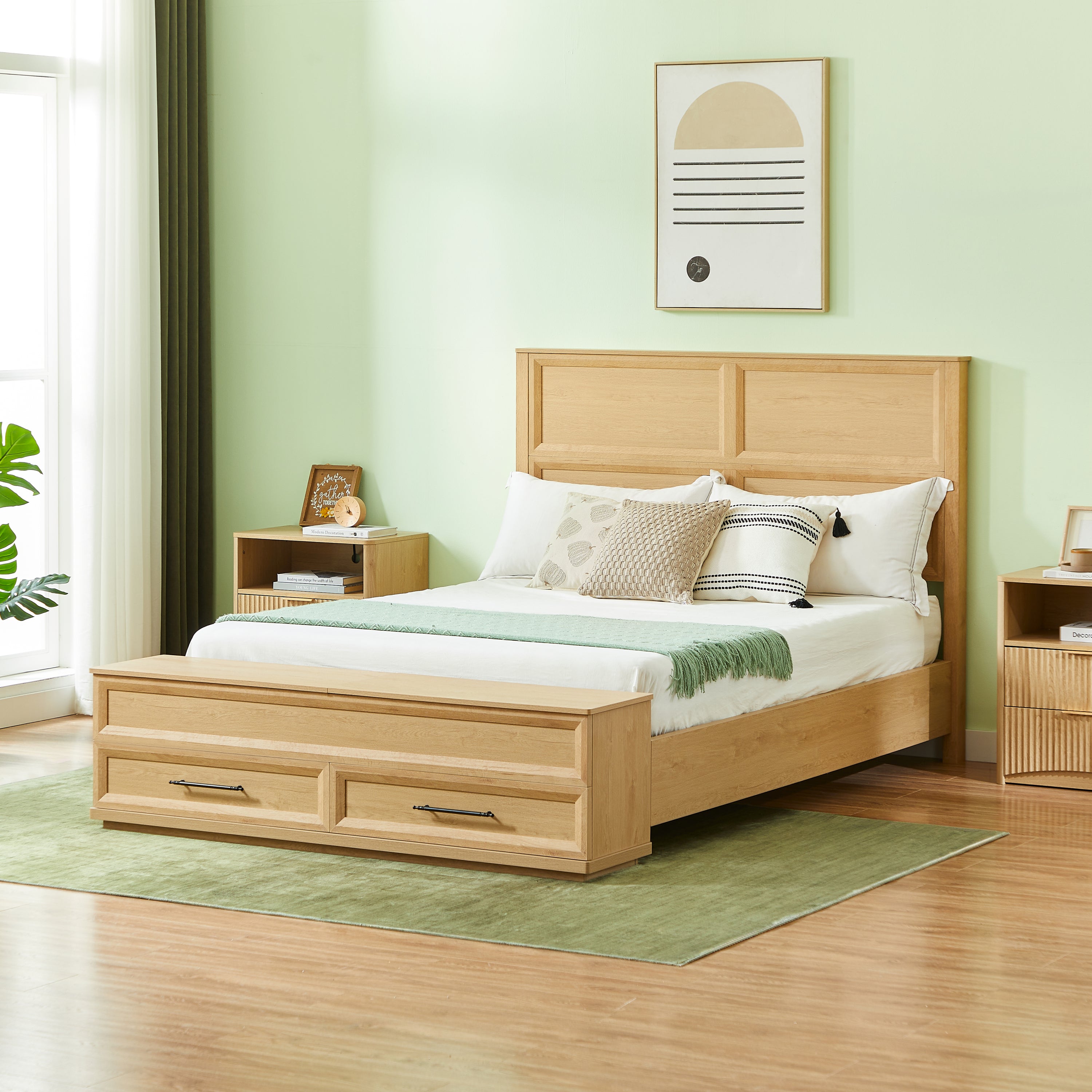 Queen Size Bed with 3D Geometric Headboard & Storage Bench - 4-Drawer Storage, Modern Bedroom Furniture,Oak.