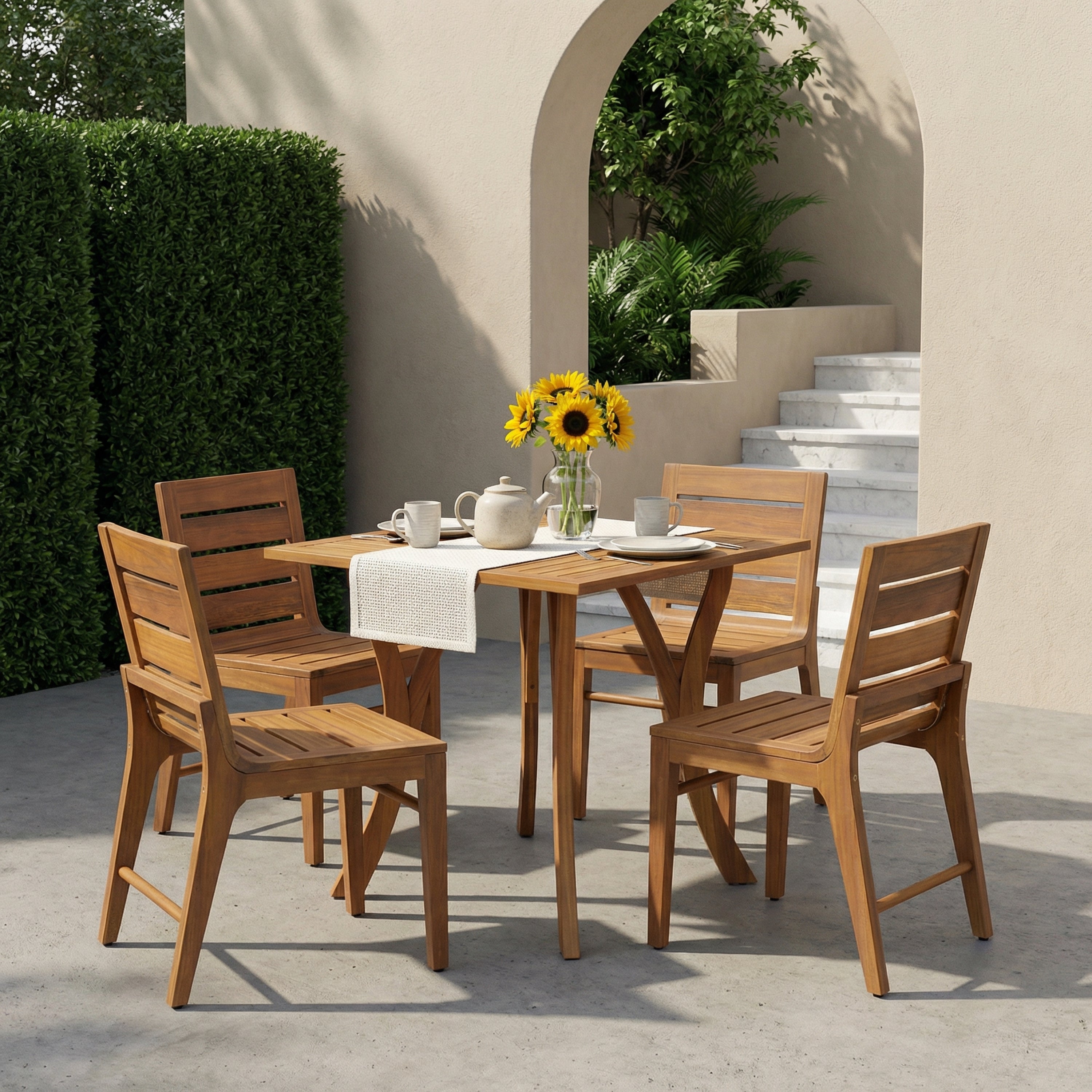5 Piece Outdoor Acacia Wood Dining Set, 31.5' Teak Finish Square Table with 4 Slatted Back Patio Chairs, Weather Resistant Solid Wood Furniture for Garden, Backyard, Balcony