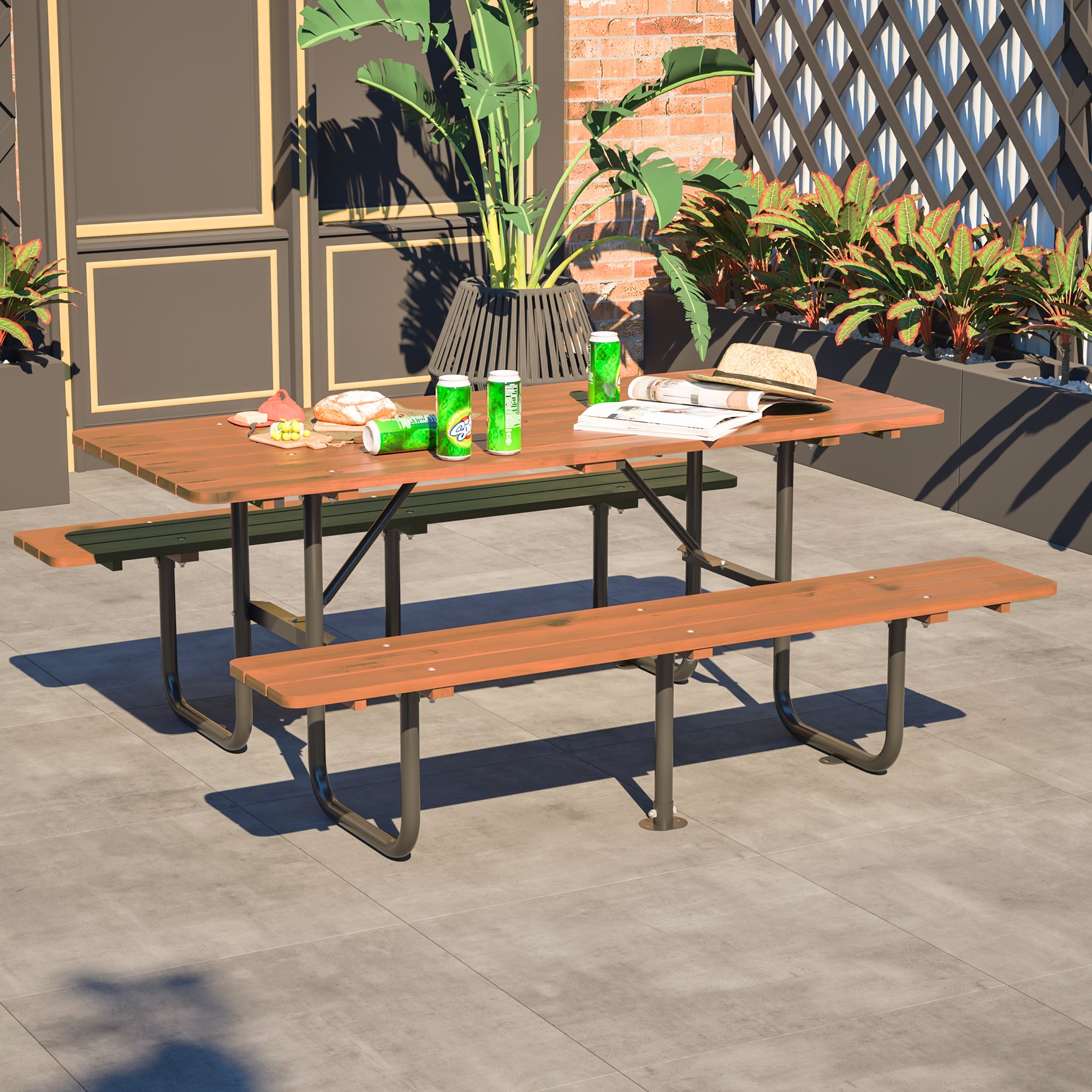 72' Rectangular Outdoor Picnic Table for 6 Person,Heavy Duty Wooden Dining Set with Built-in Benches, 1.97' Umbrella Hole, Waterproof&Corrosion-Resistant, Ideal for Garden, Backyard, BBQ,Courtyardfa