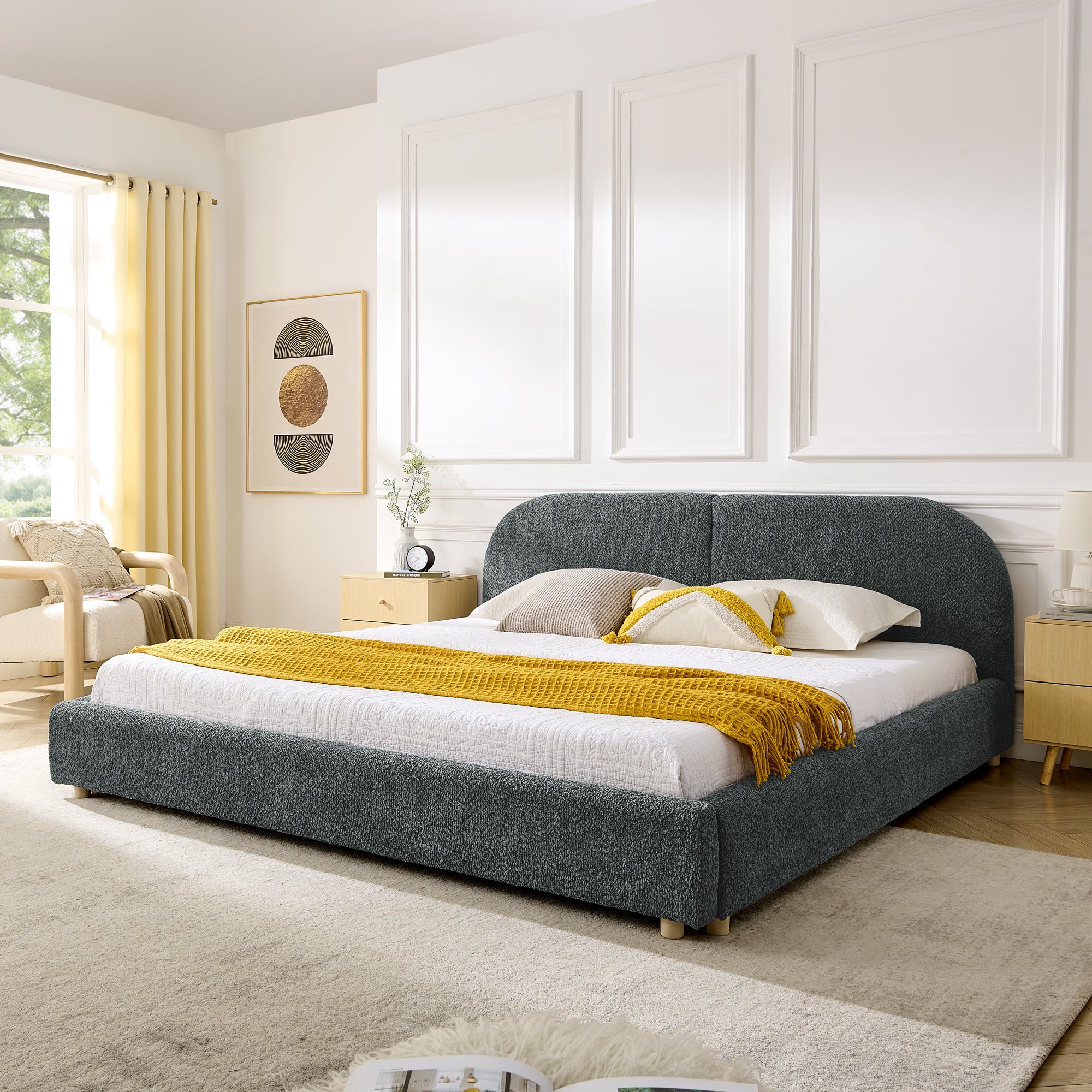 King Size Upholstered Bed Frame, Modern Minimalist Style with Tall Curved Headboard, Premium Circle Yarn Fabric & Sturdy Leg Support, Mattress Not Included-Dark Gray