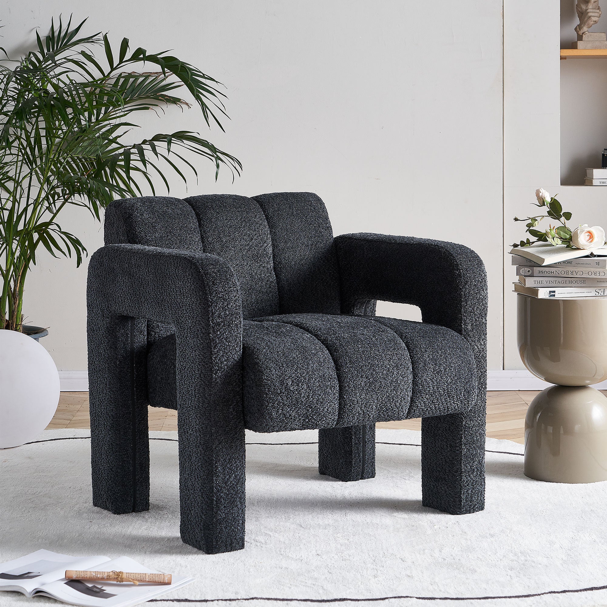 Modern Boucle Upholstered Accent Chair, Comfortable Seating, Dark Grey, Solid Wood, 31.10' Wide
