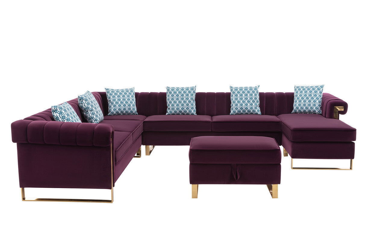 Maddie Purple Velvet 8-Seater Sectional Sofa with Reversible Chaise and Storage Ottoman