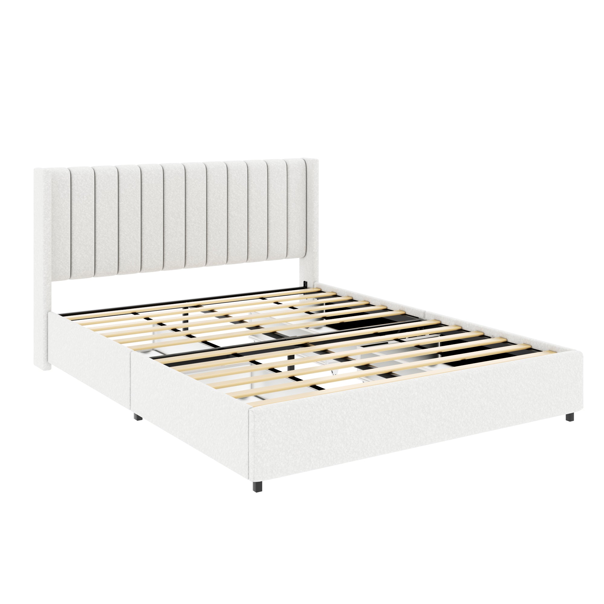 Anda Queen Size Ivory Boucle Upholstered Platform Bed with 4 Drawer Storage and Tufted Headboard