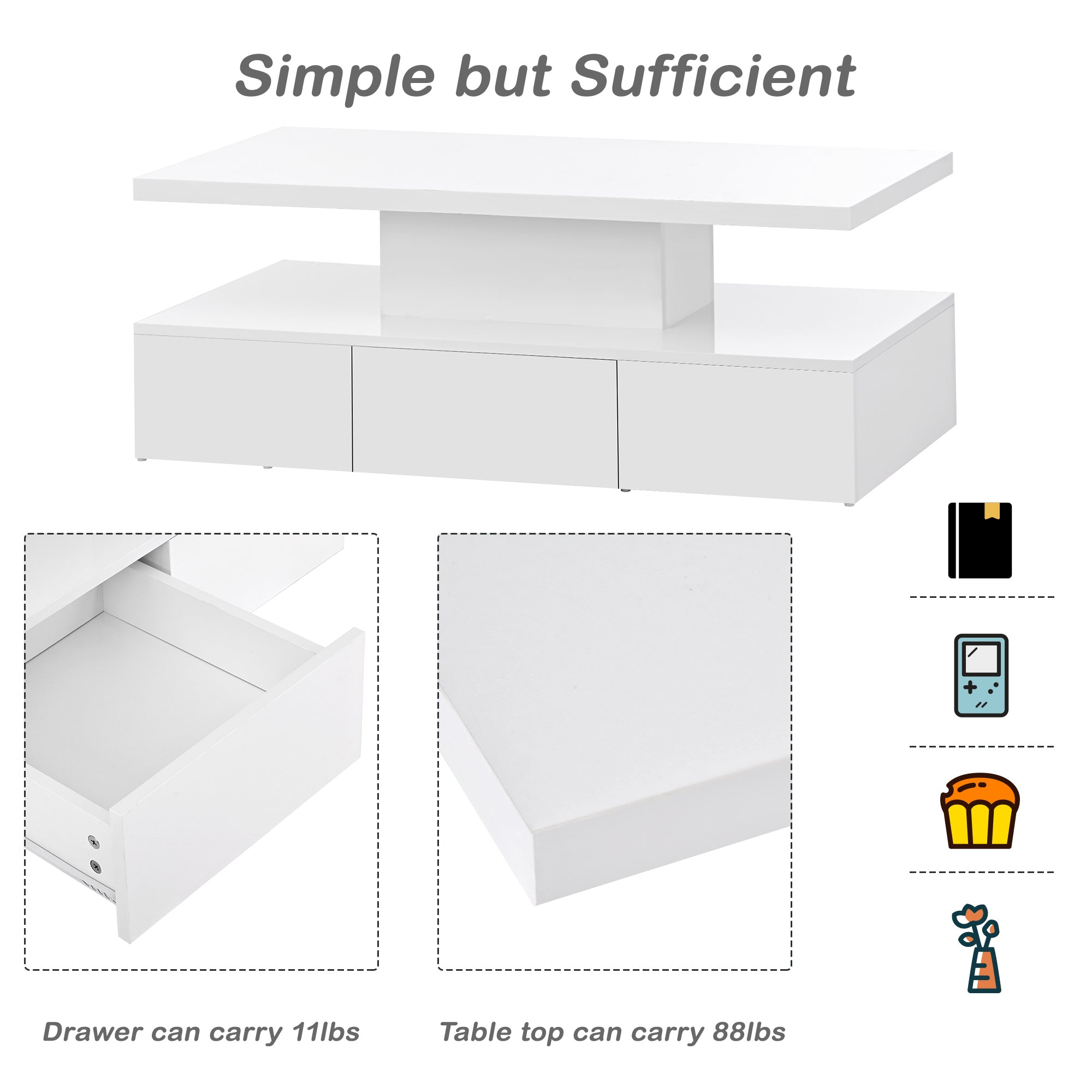 ON-TREND Modern Glossy Coffee Table With Drawer, 2-Tier Rectangle Center Table with LED lighting for Living room, 39.3''x19.6''x15.3'', White