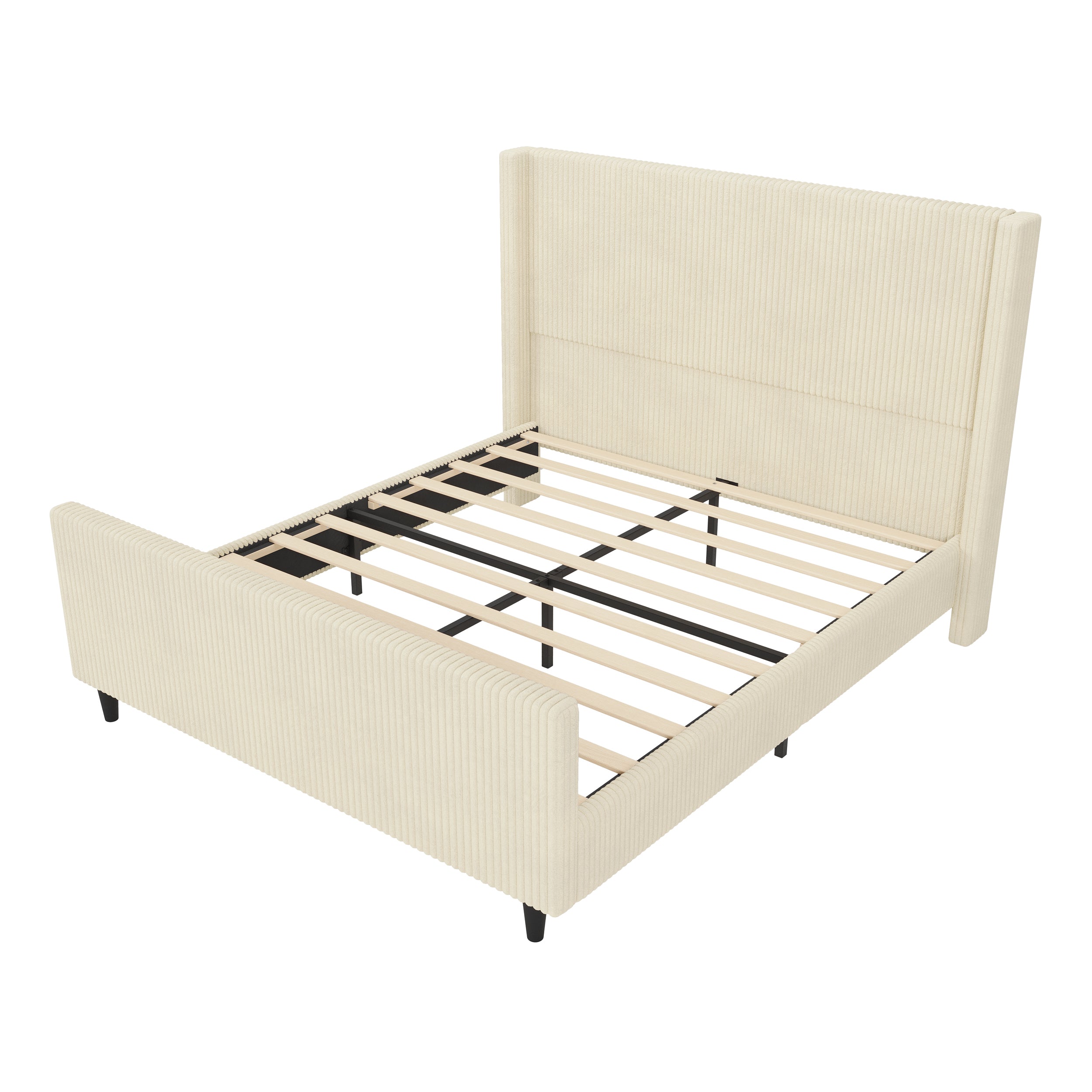 Elegant Cream Corduroy Upholstered Queen Bed Frame with High Headboard and Footboard, No Box Spring Needed