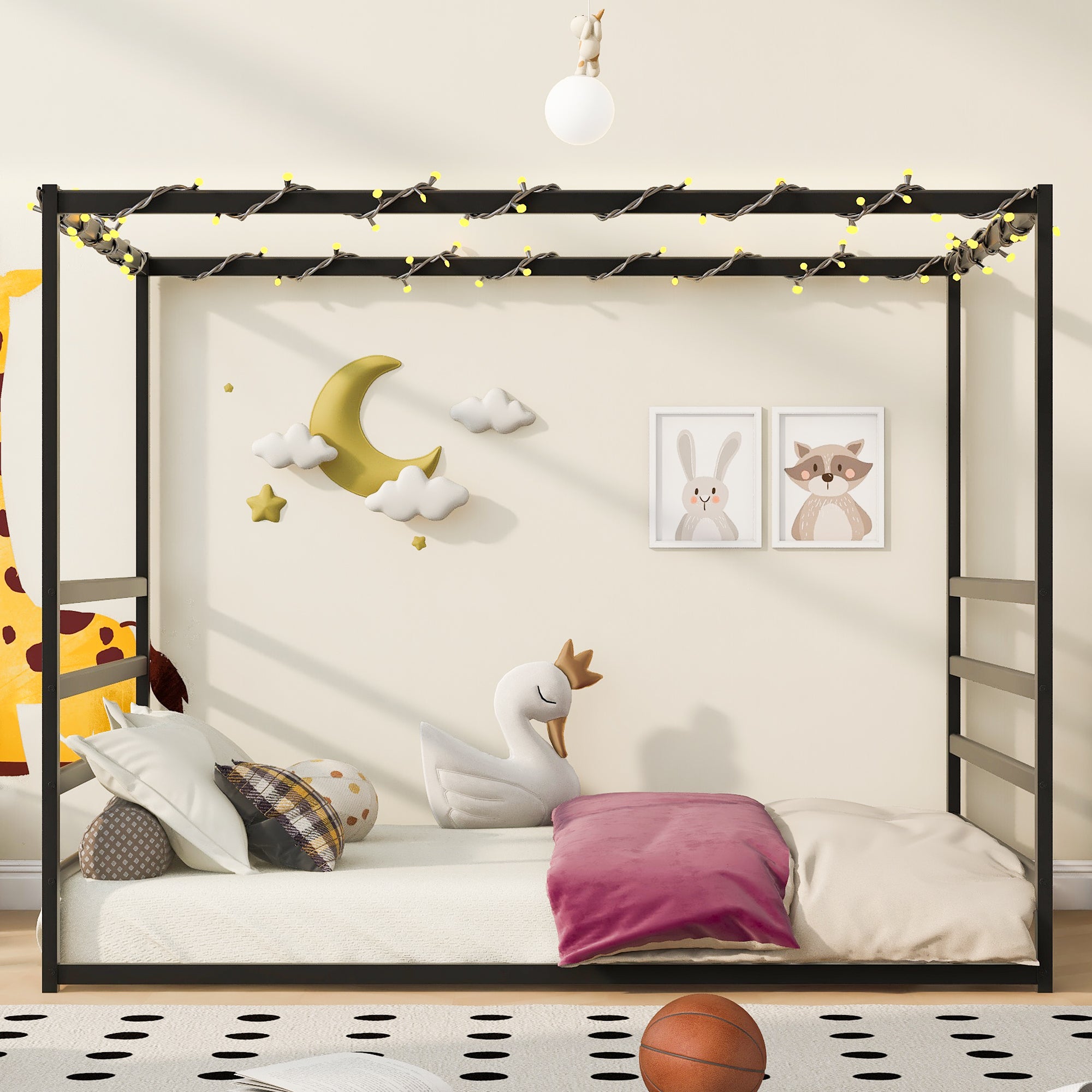 Queen size sunshade floor bed, iron double-size bed frame, modern low-profile double-size bed, equipped with fence-style guardrails, black series