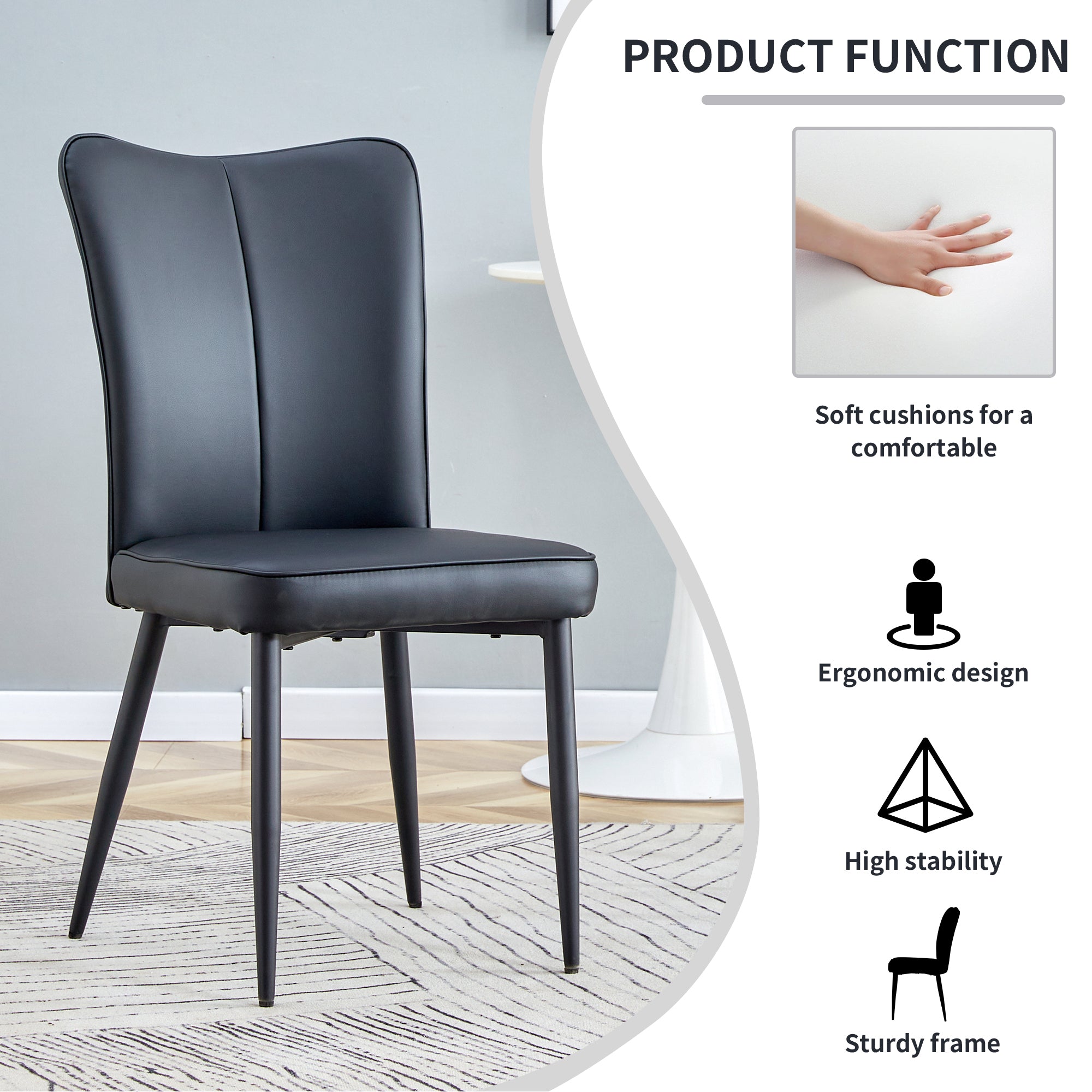 Table and chair set. 1 table and 6 black chairs. Glass dining table with 0.31-inch tempered glass tabletop and black coated metal legs. Equipped with black PU chairs 1123 008