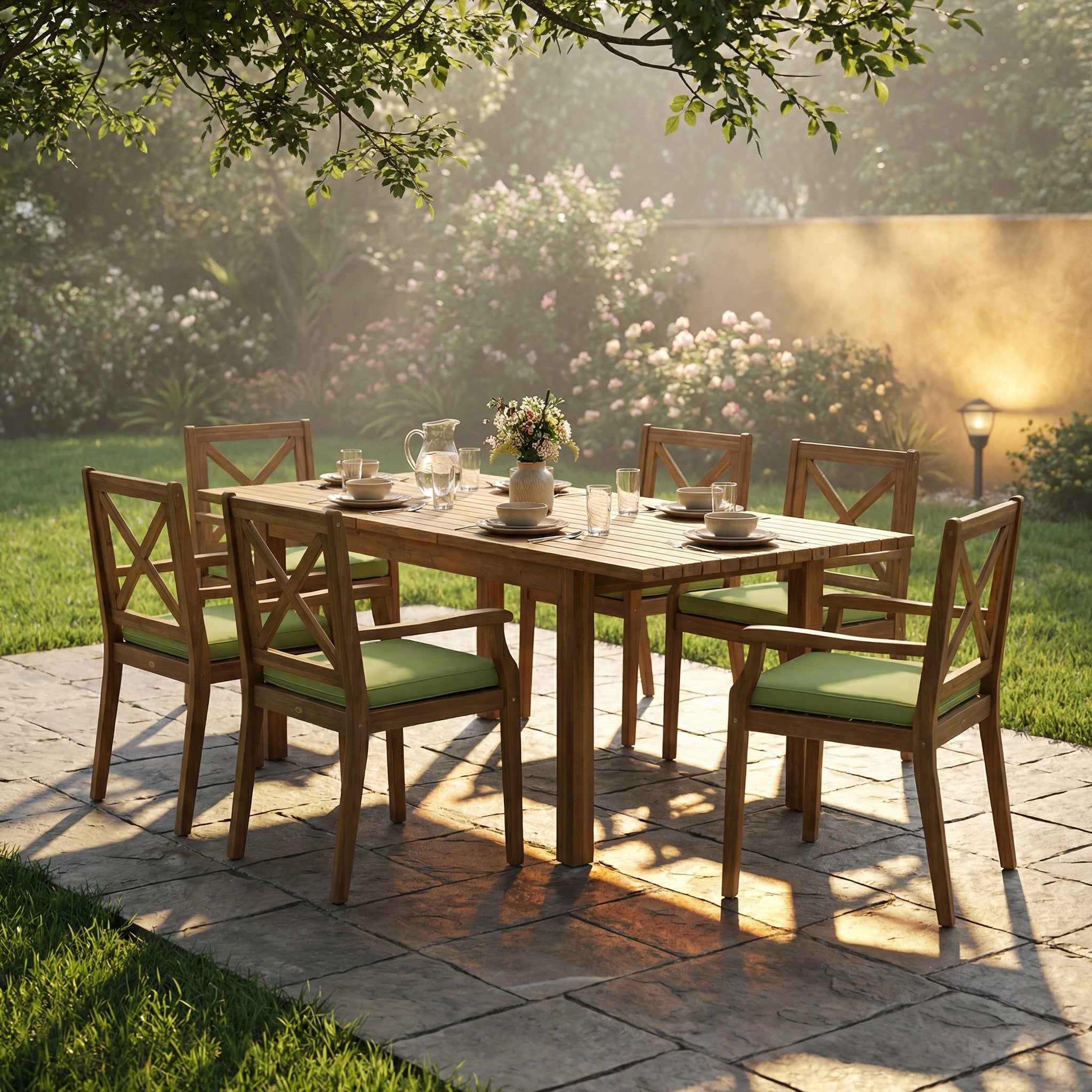 7 Pieces Acacia Wood Outdoor Dining Set with Green Cushions,Modern 6 Chairs  1 Large Table,Dining Furniture Set for Lawn, Backyard, Garden Deck,Poolside,Teak