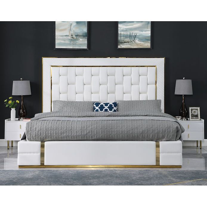 Marbella White Faux Leather Storage Bed with Gold Accents