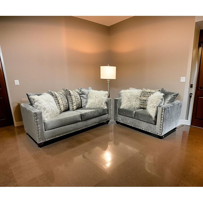 Silver Velvet Sofa and Loveseat Set with Nailhead Trim
