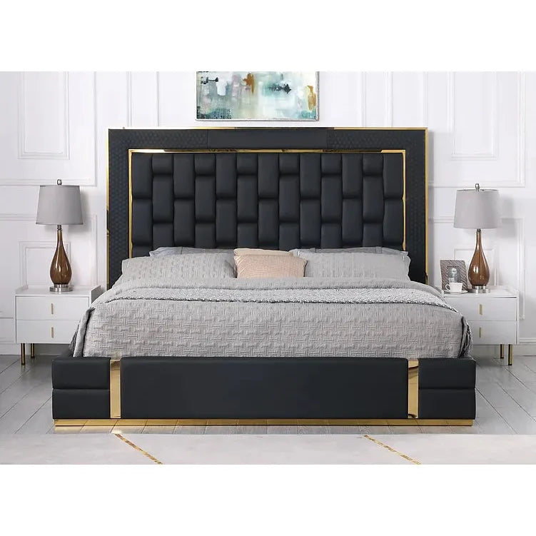 Marbella Black Faux Leather Storage Bed with Gold Accents