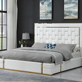 Marbella White Faux Leather Storage Bed with Gold Accents, view 2