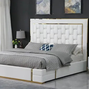 Marbella White Faux Leather Storage Bed with Gold Accents, view 3