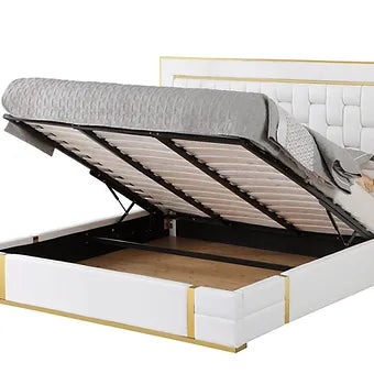 Marbella White Faux Leather Storage Bed with Gold Accents, view 4