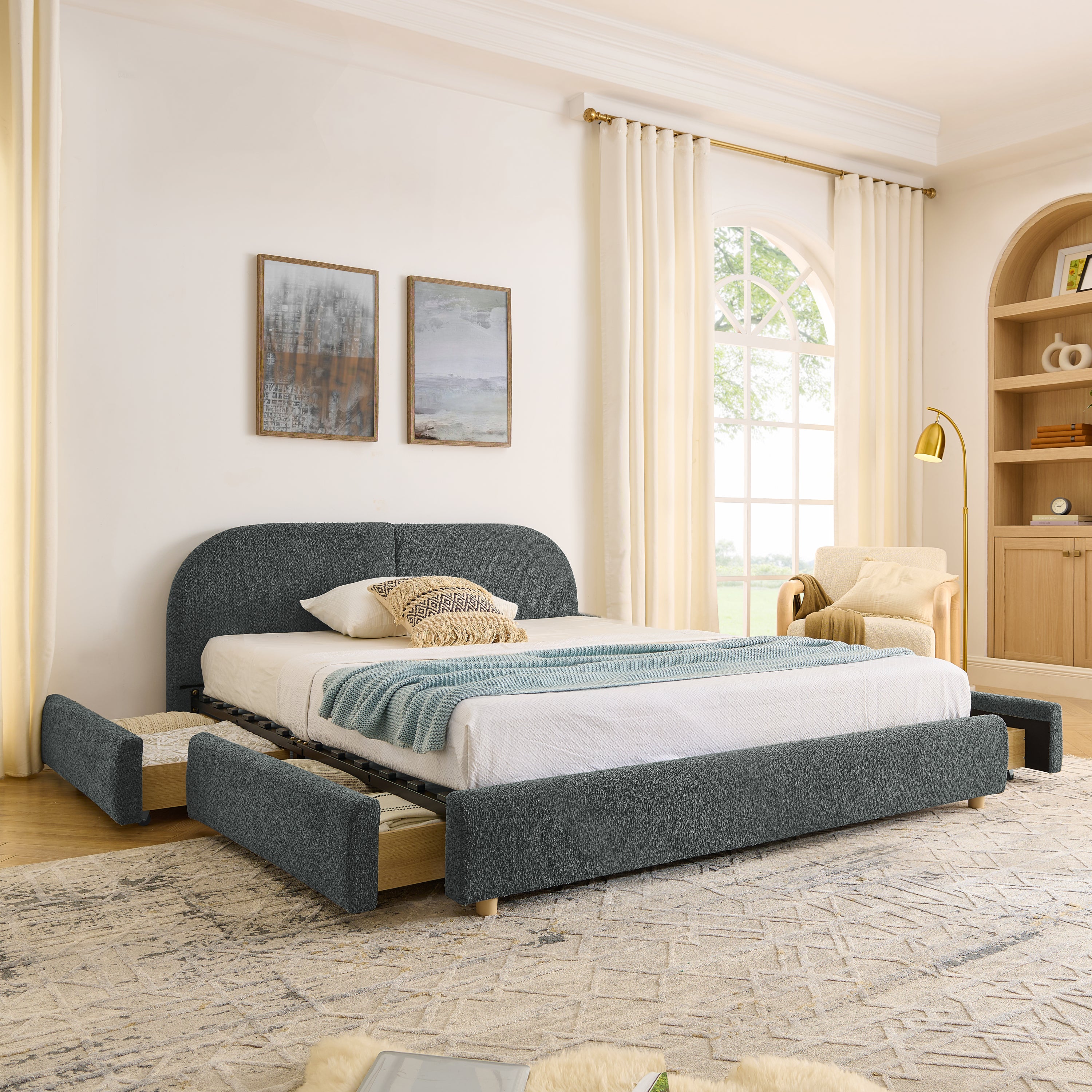 Queen Size Upholstered Bed Frame Modern Minimalist Style - Circle Yarn Fabric, Tall Curved Headboard, Sturdy Leg Support & Wheeled Drawer Storage, Mattress Not Included -Dark Gray