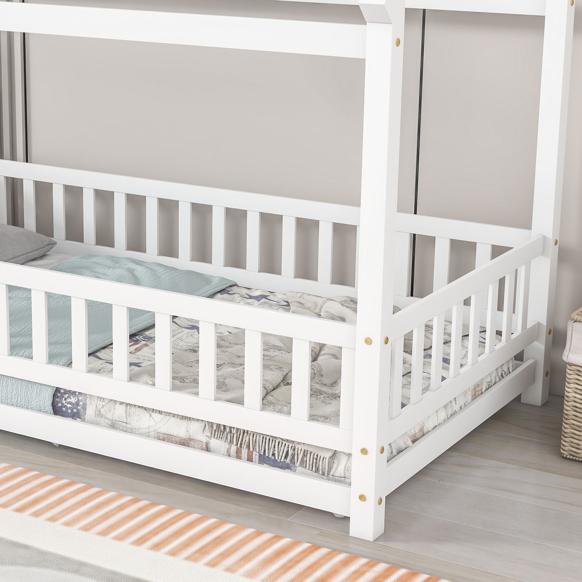 Twin Size Floor Wooden Bed with House Roof Frame, Fence Guardrails,White