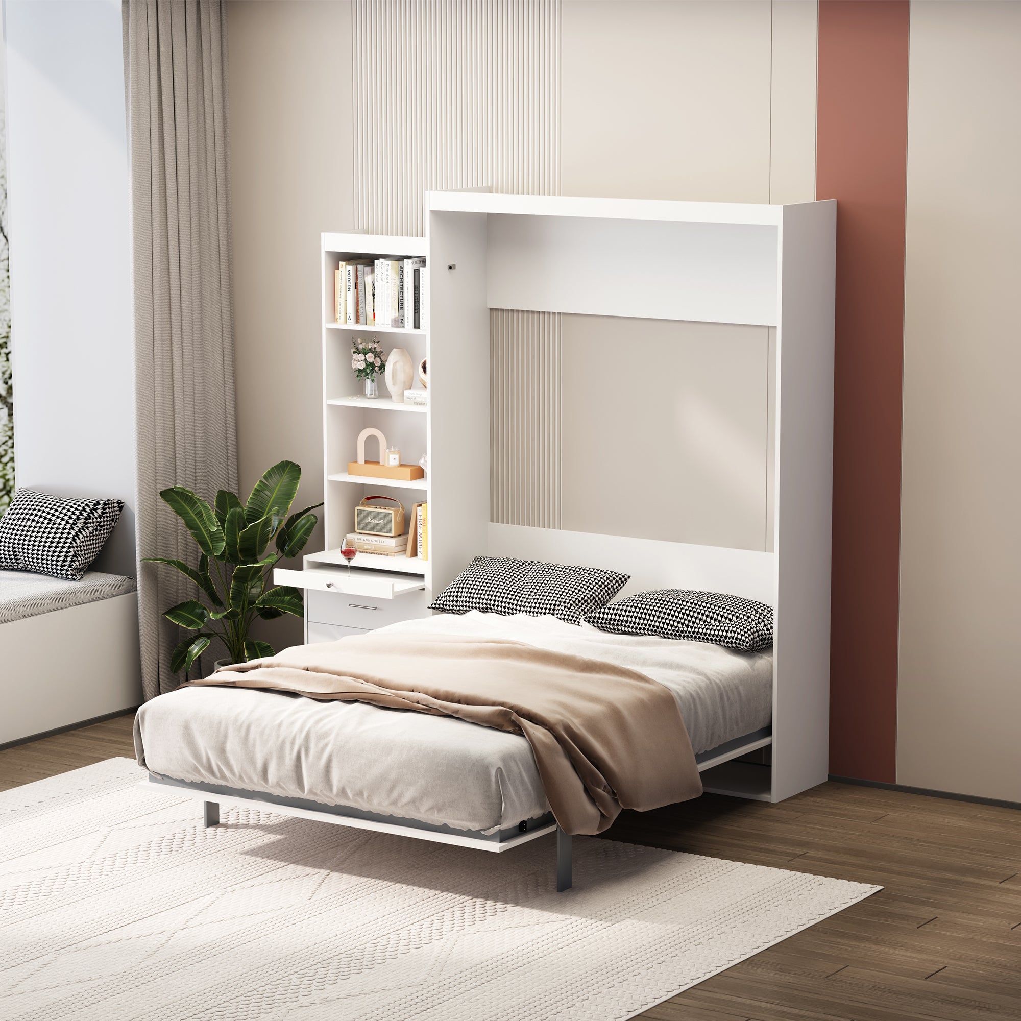 Modern Design Full Size Vertical Murphy Bed with Shelf and Drawers for Bedroom or Guestroom, White Plywood and Metal Wall Bed