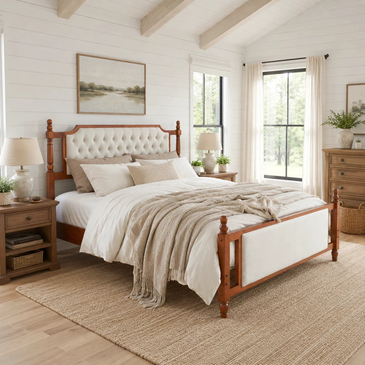 King Size Upholstered Platform Bed with Button Tufted Headboard, Solid Wood Farmhouse Bed with Velvet Headboard and Footboard, No Box Spring Needed, Modern French Country Style for Bedroom, Brown