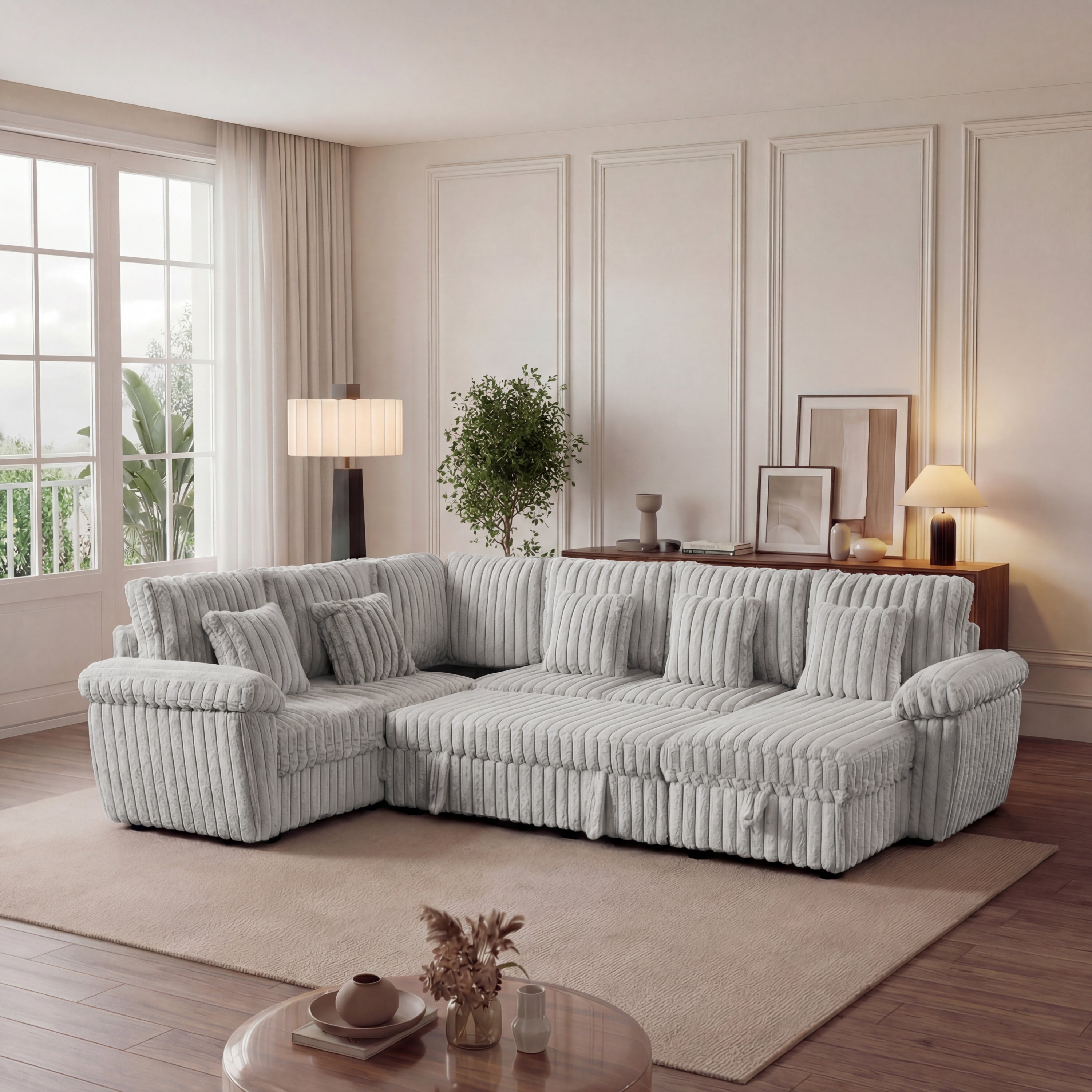 110-inch U-shaped corduroy super soft sectional sofa with storage and pull-out bed, corner coffee table with cup holder and USB port; suitable for living room, comfortable corduroy sectional sofa