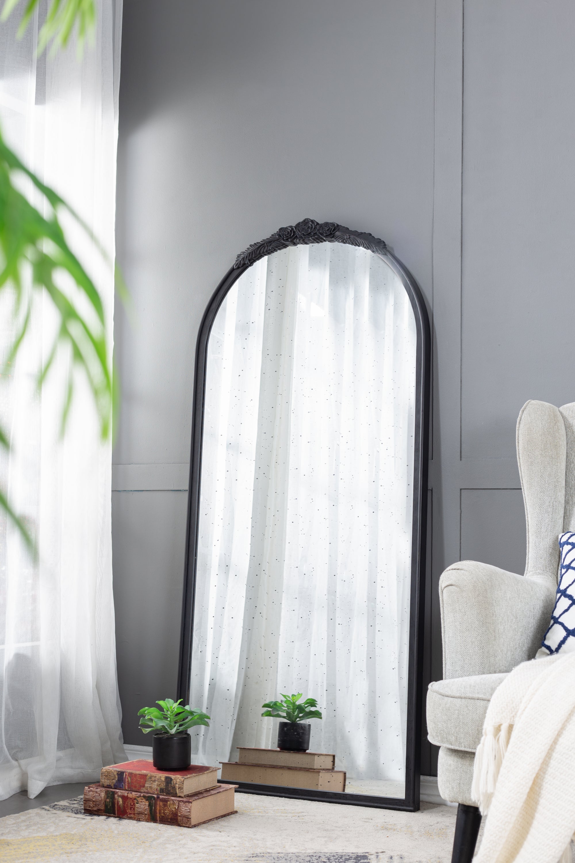 30" x 65"  Hand Carved Rose Antique Mirror Frame, Large Arch Mirror Wall Decor for Living Room, Bathroom, Entryway(Black)