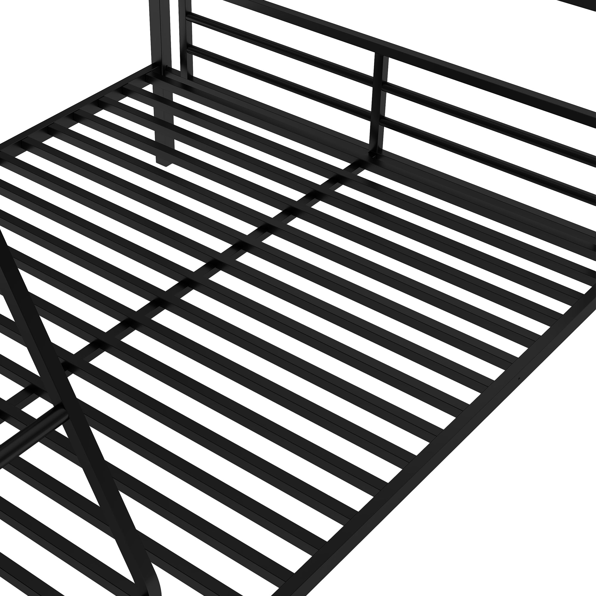 Twin over Full Bunk Bed with a Twin Size Loft Bed attached, with a Desk, Metal, Black