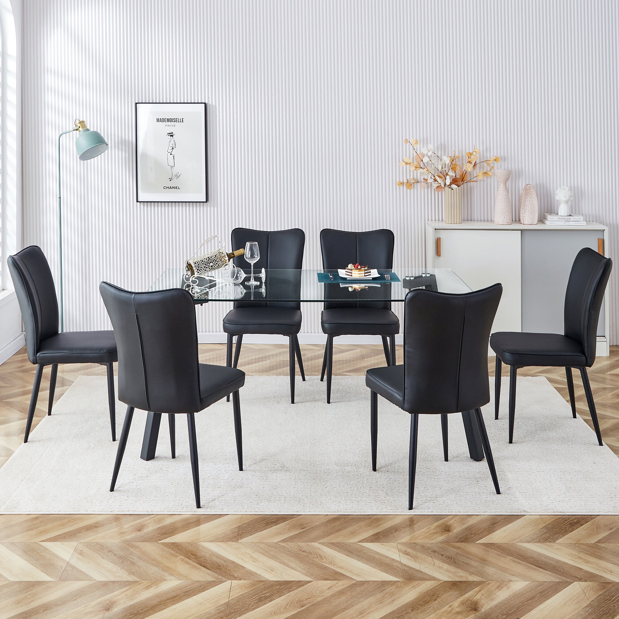 Table and chair set. 1 table and 6 black chairs. Glass dining table with 0.31-inch tempered glass tabletop and black coated metal legs. Equipped with black PU chairs 1123 008