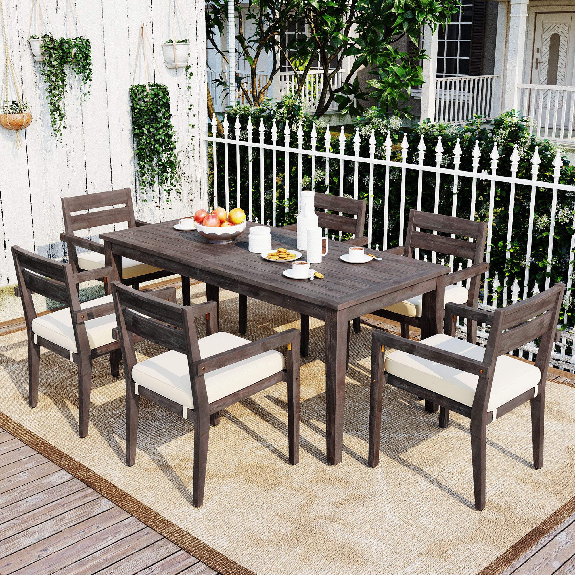 U_Style 7 Pieces Acacia Wood Outdoor Dining Set with Cushions,Modern 6 Chairs and 1 Large Table, Dining Furniture Set for Lawn, Backyard, Garden Deck,Poolside
