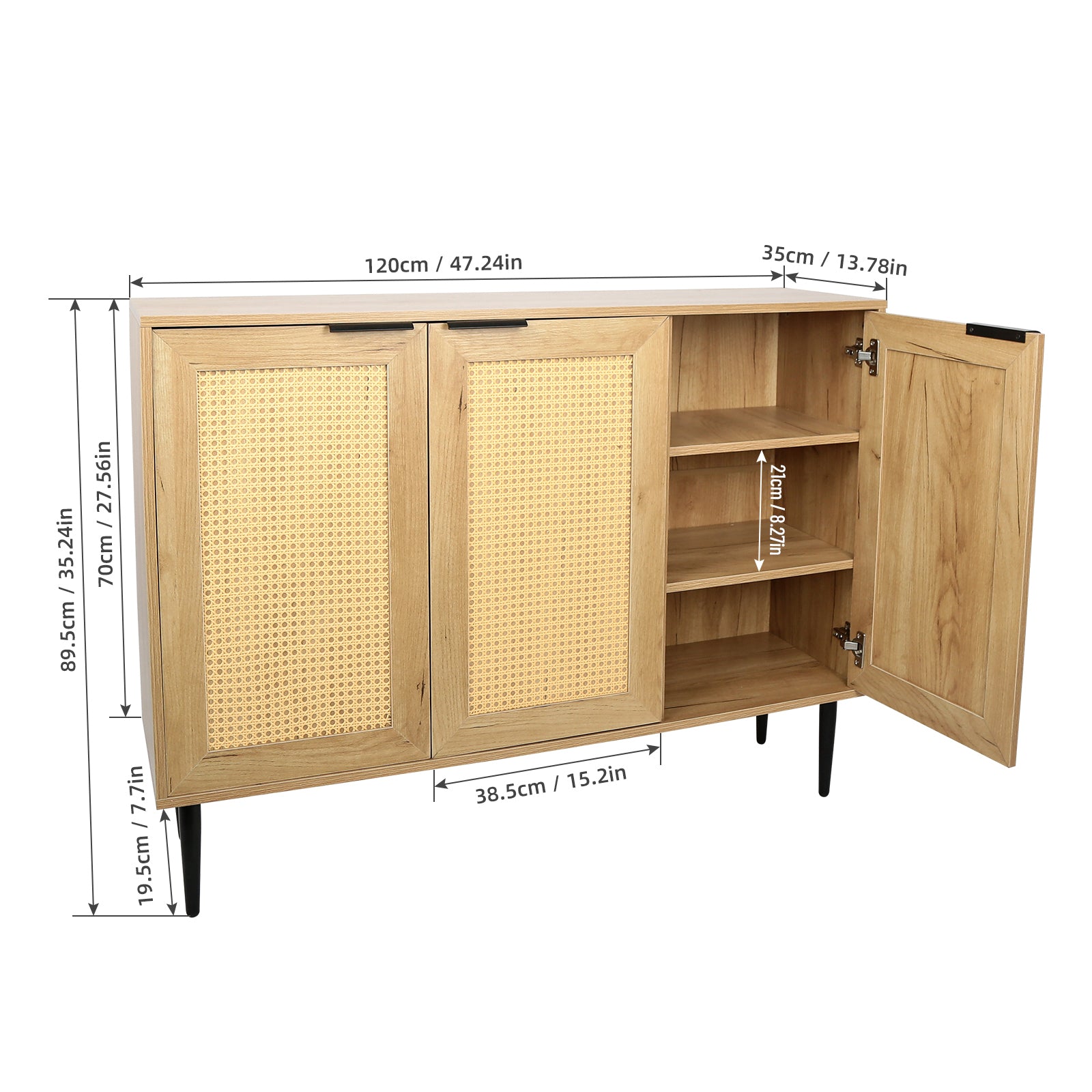 47.24 '' Wide Elegant Kitchen Buffet Storage  Cabinet with 3 Rattan Doors for Bedroom Living Room Kitchen Cupboard Wooden Furniture with 3-Tier Shelving ,Natural Color