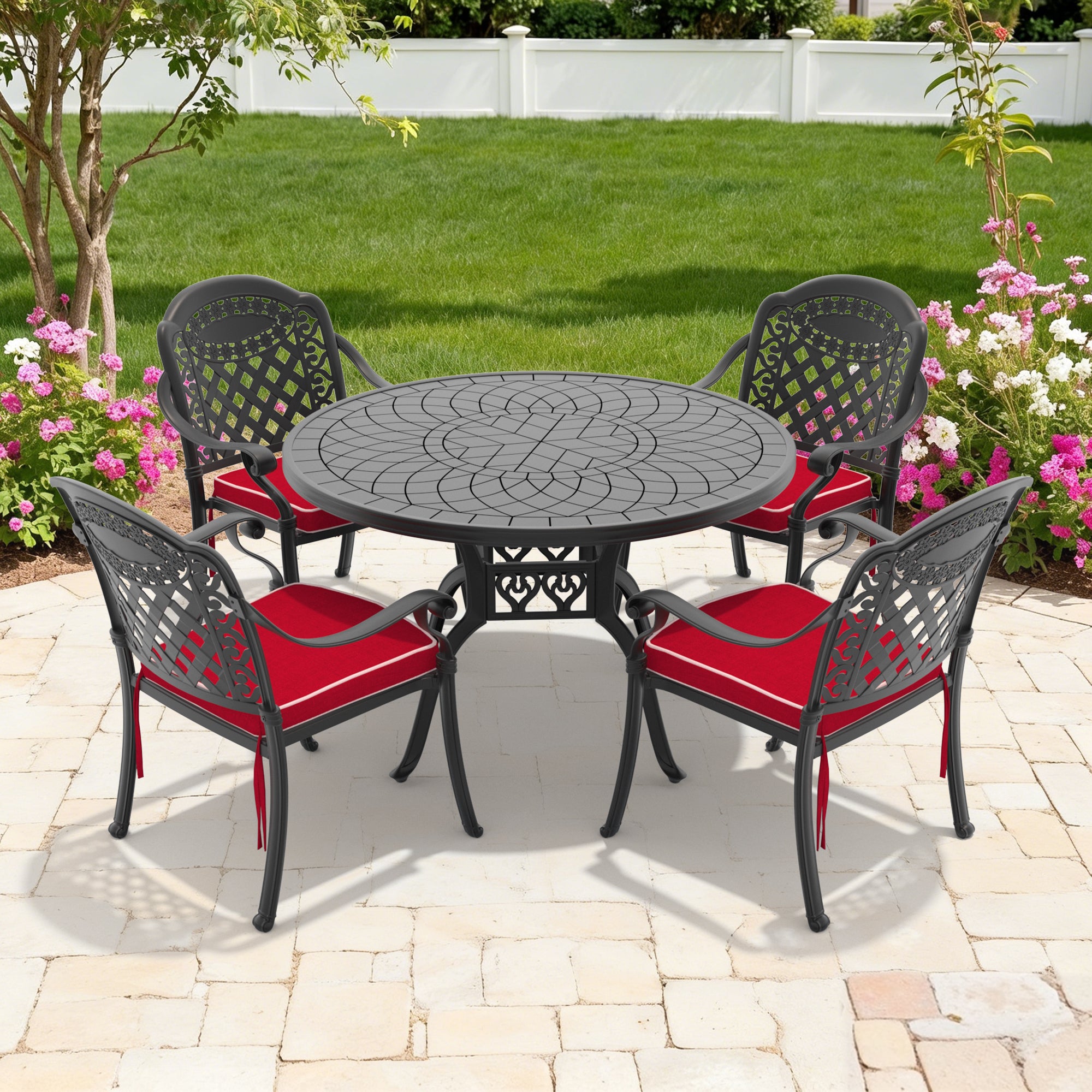 5-Piece Set Of Cast Aluminum Patio Furniture With Red Cushions