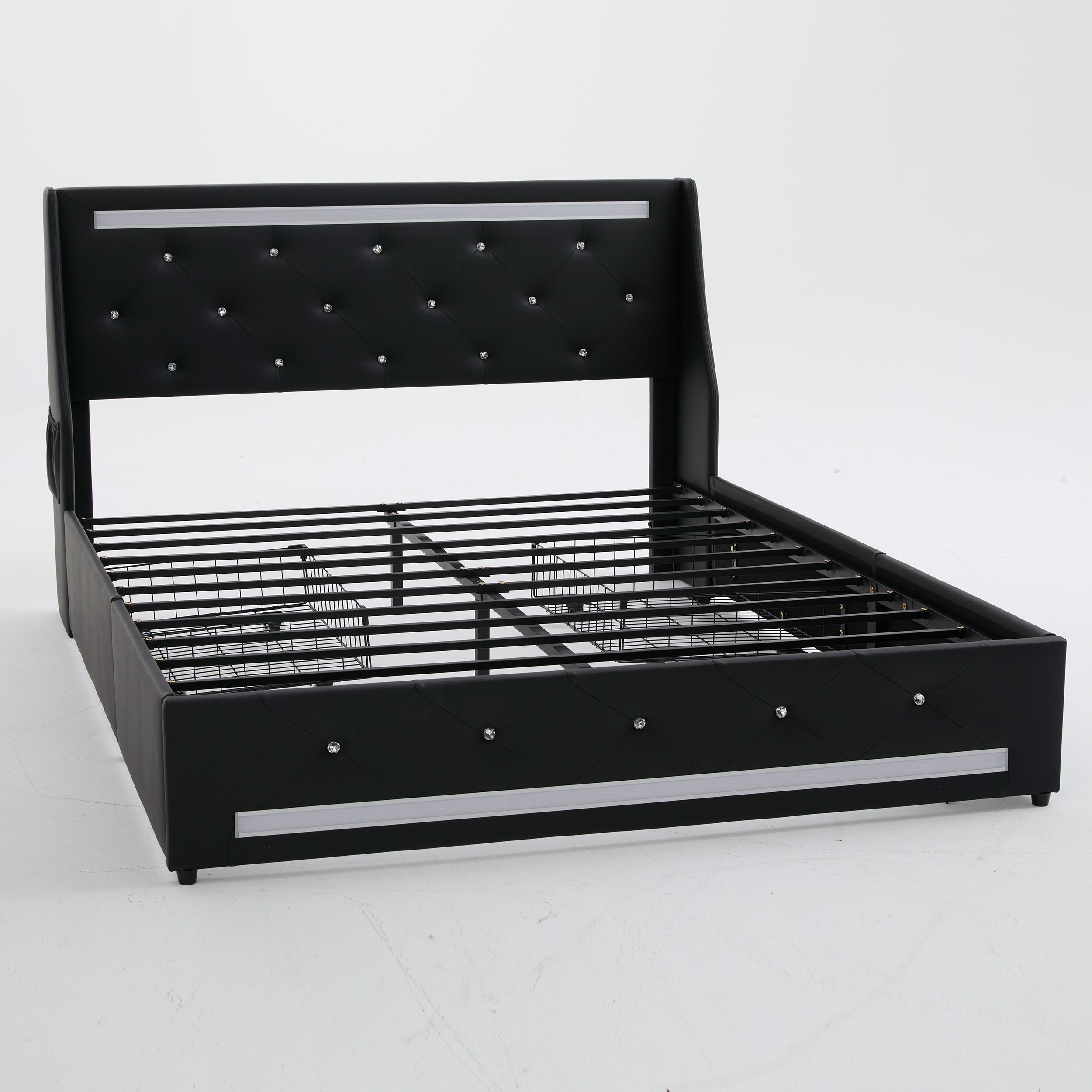 Modern Queen Size Bed Frame with Upholstered Wingback Diamond Headboard, 2 Storage Drawers, LED Lights, Charging Station, Metal Slats, Black