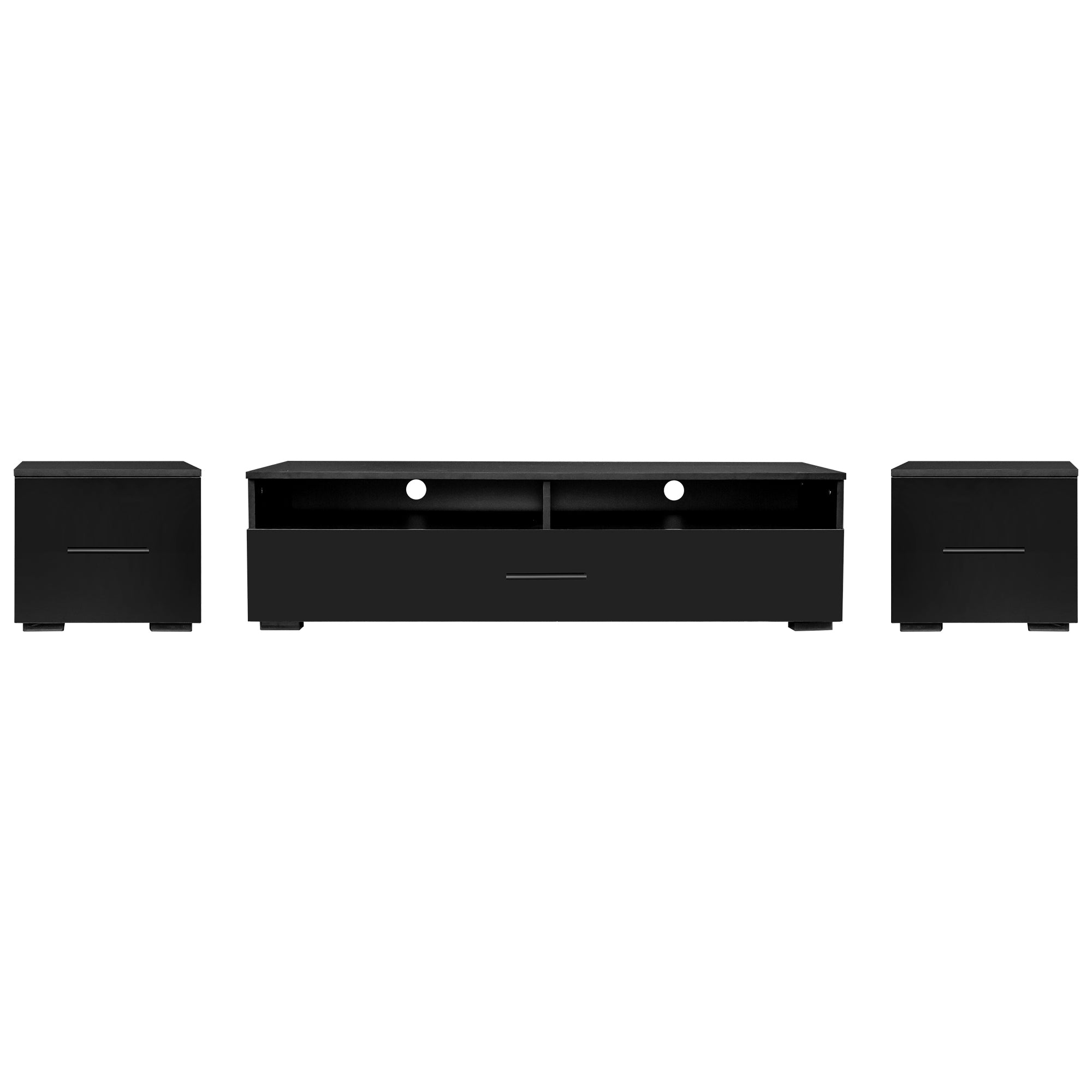 ON-TREND Extended, Minimalist Style 7 Pieces Floating TV Stand Set, High Gloss Wall Mounted Entertainment Center with 16-color LED Light Strips for 90+ inch TV, Black