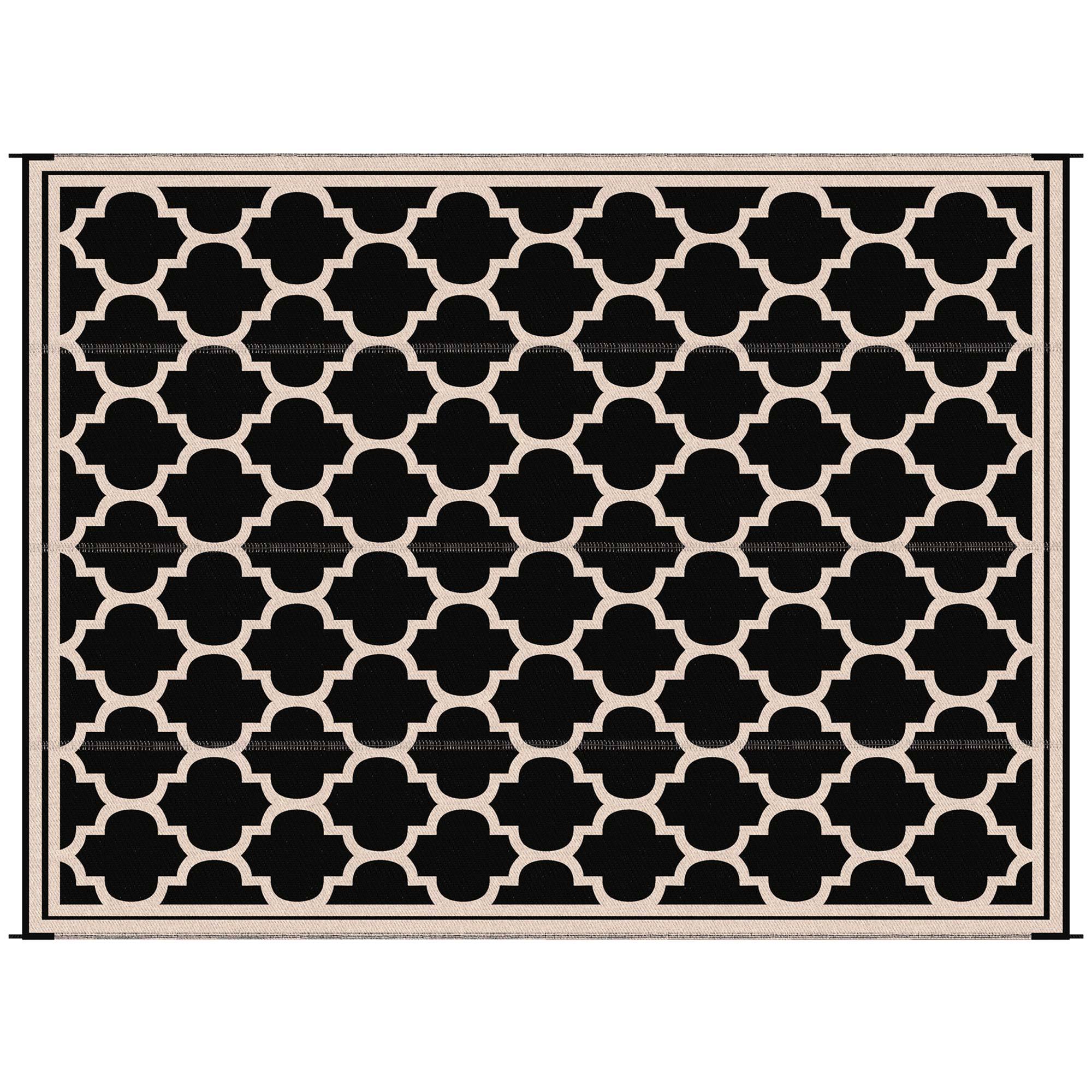 Outsunny Reversible Outdoor Rug Carpet, 9' x 18' Waterproof Plastic Straw Rug, Portable RV Camping Rugs with Carry Bag, Large Floor Mat for Backyard, Deck, Picnic, Beach, Black & Beige