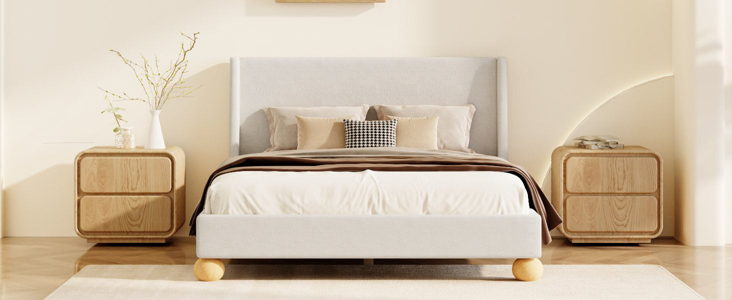 Modern Boucle Upholstered Platform Bed with Wingback Headboard and Round Wooden Legs, Beige,King Size