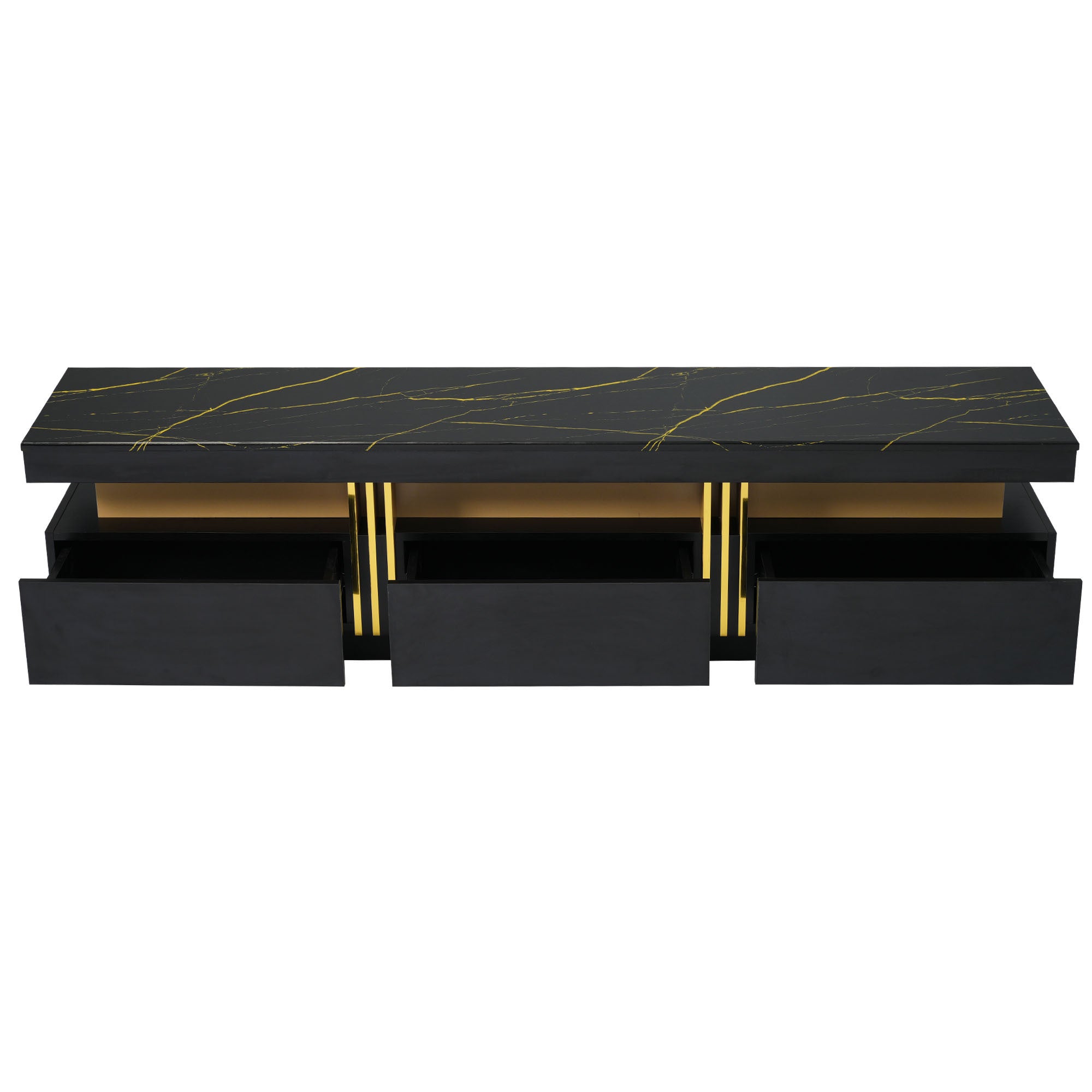 ON-TREND Luxury TV Stand with High Gloss Faux Marble Top for TVs Up to 78'', Rectangle Media Console with Golden Panel Design, Practical Entertainment Center with 3 Drawers for Living Room, Black
