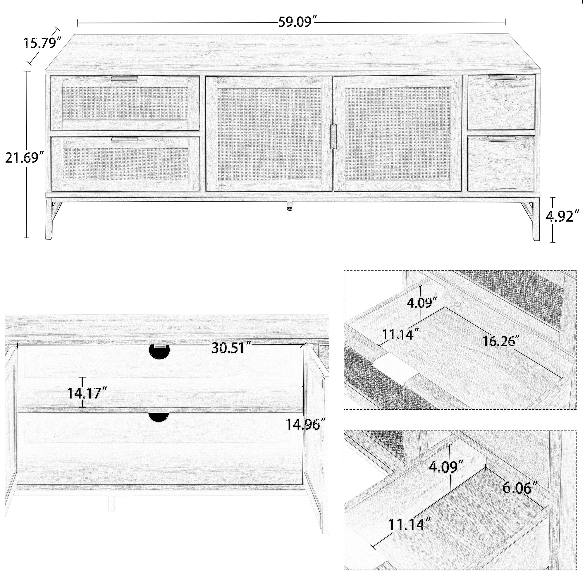 ON-TREND Elegant Rattan TV Stand for TVs up to 65", Boho Style Media Console with Adjustable Shelves, Sleek TV Console Table with Wood Grain Surface for Living Room, Brown