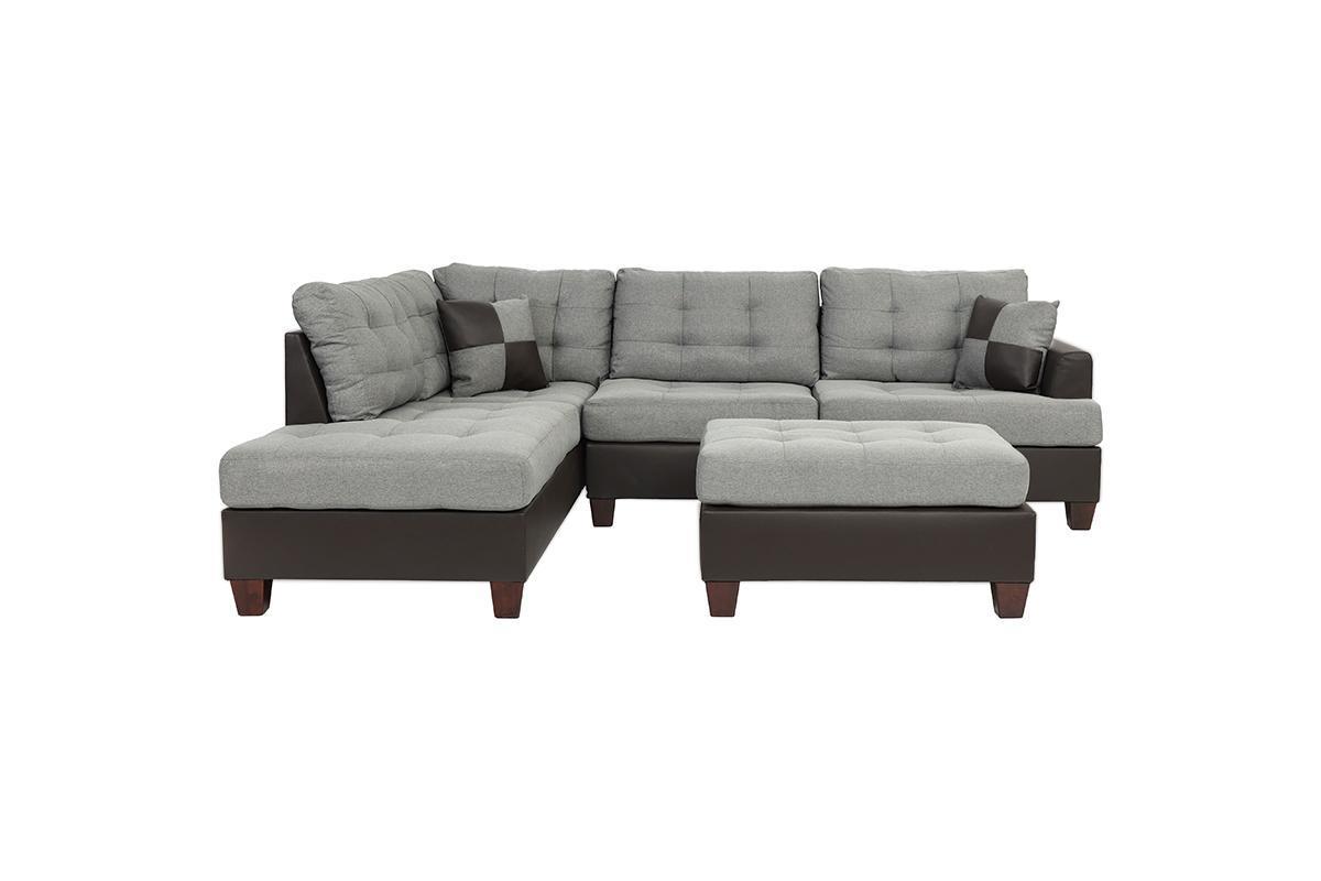 3pc Contemporary Sectional Grey Linen Like Fabric Cushion Tufted Reversible