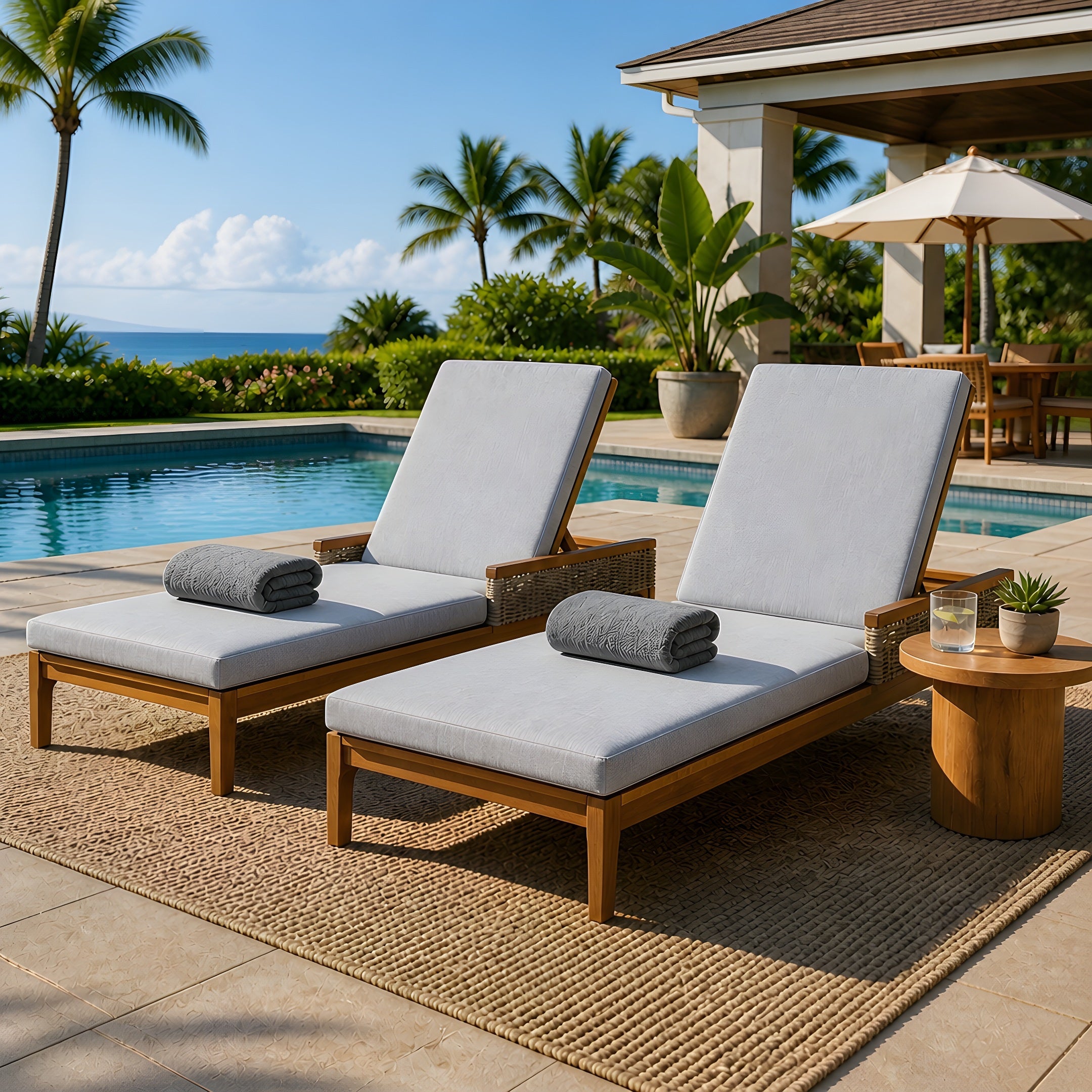 76.8' Solid Acacia Wood Sun Chaise Lounger Set of 2, Outdoor Patio Furniture with Grey Cushions and Light Grey Wicker for Garden, Deck, Poolside Relaxation,Natural +Light Grey Wicker