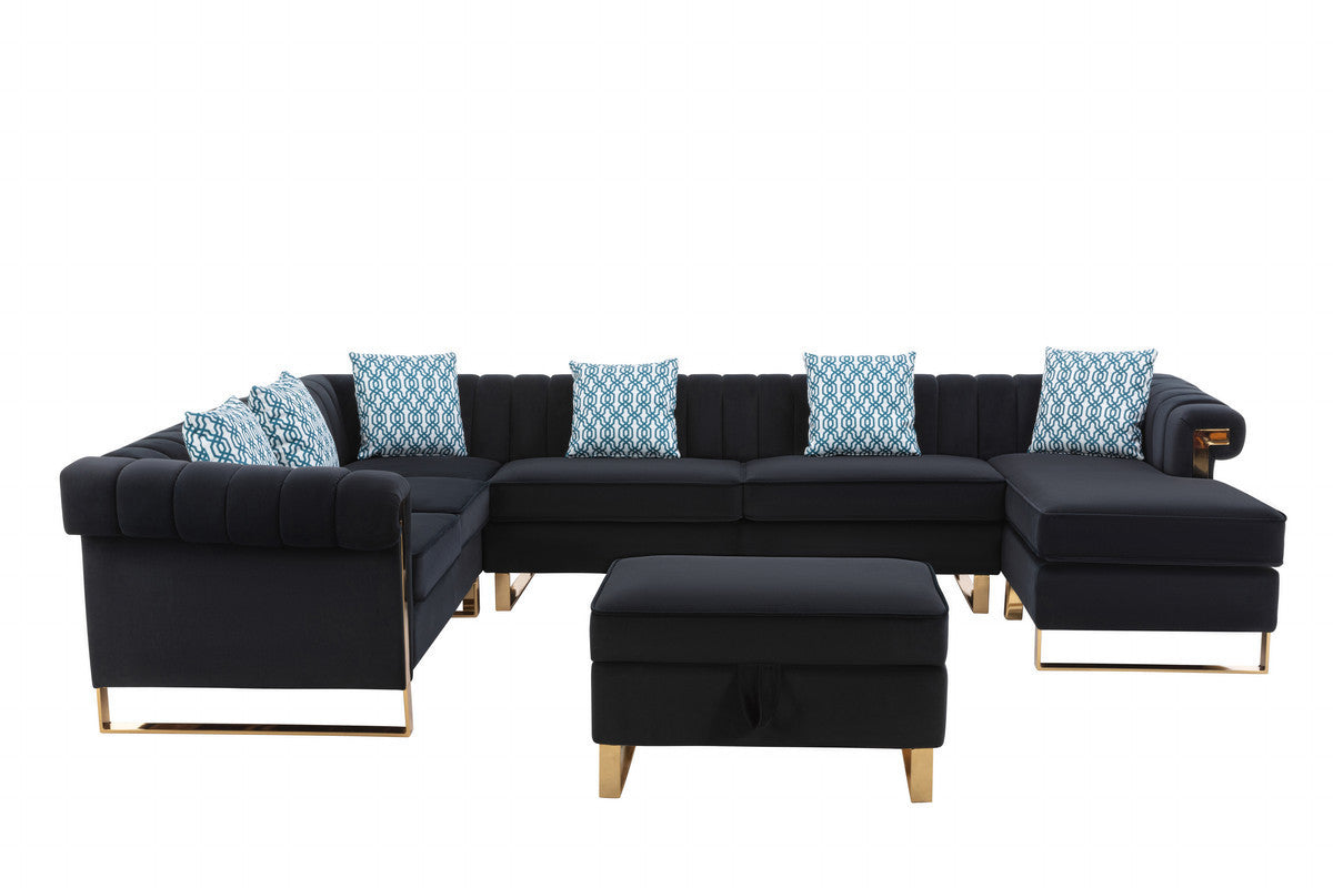 Maddie Black Velvet 7-Seater Sectional Sofa with Reversible Chaise and Storage Ottoman