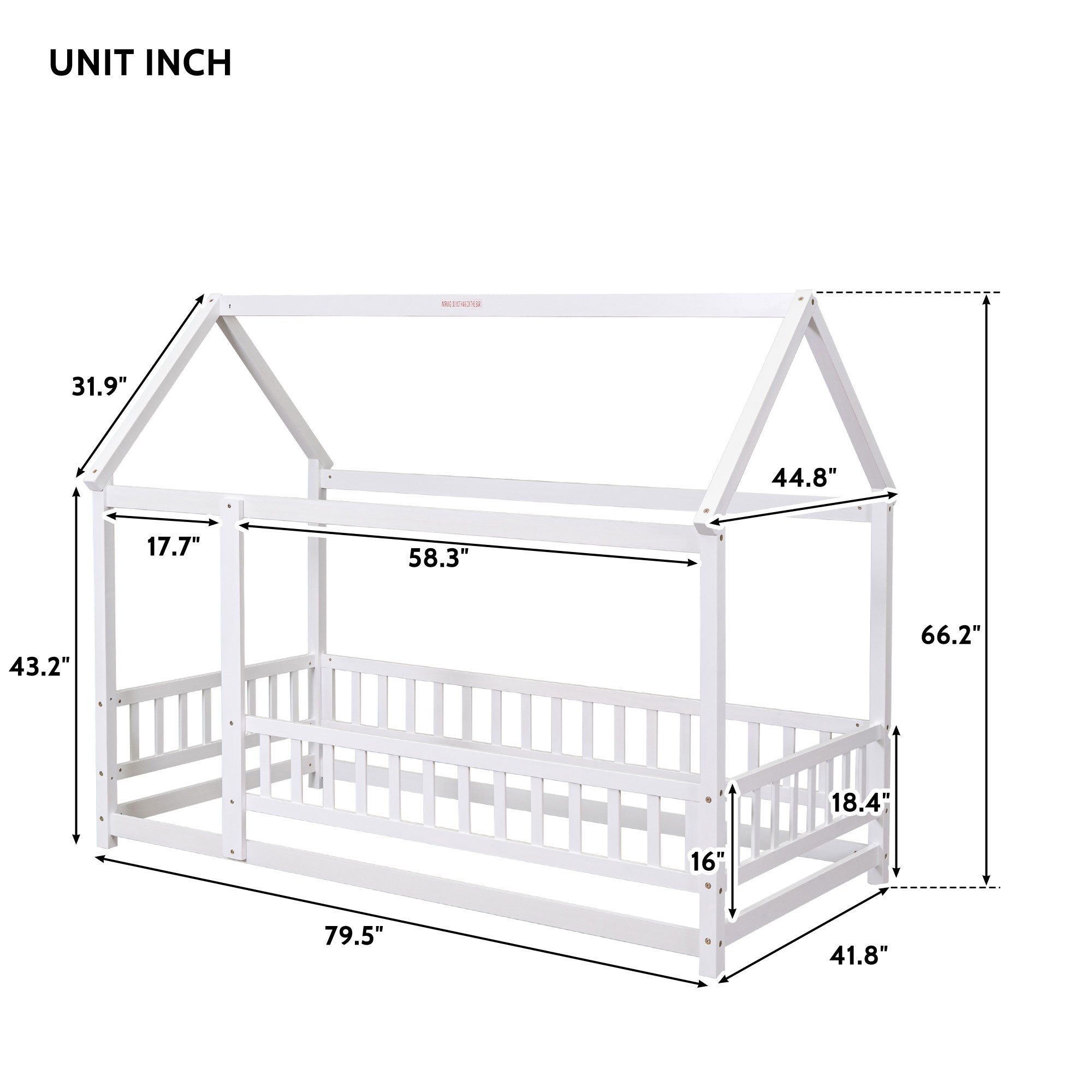 Twin Size Floor Wooden Bed with House Roof Frame, Fence Guardrails,White