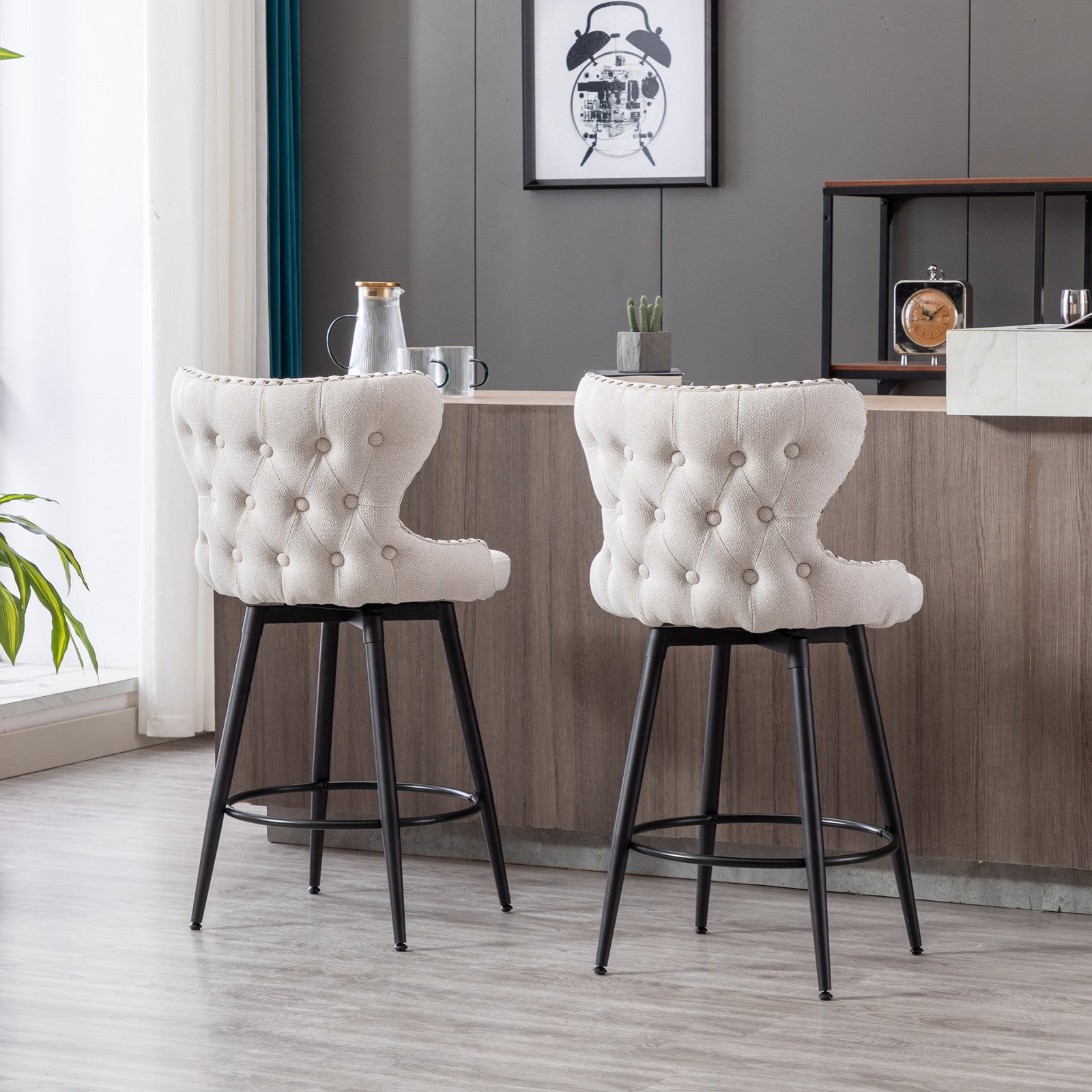 A&A Furniture,Counter Height 25" Modern Linen Fabric bar chairs,180° Swivel Bar Stool Chair for Kitchen,Tufted Cupreous Nailhead Trim Burlap Bar Stools with Metal Legs,Set of 2 (Beige)
