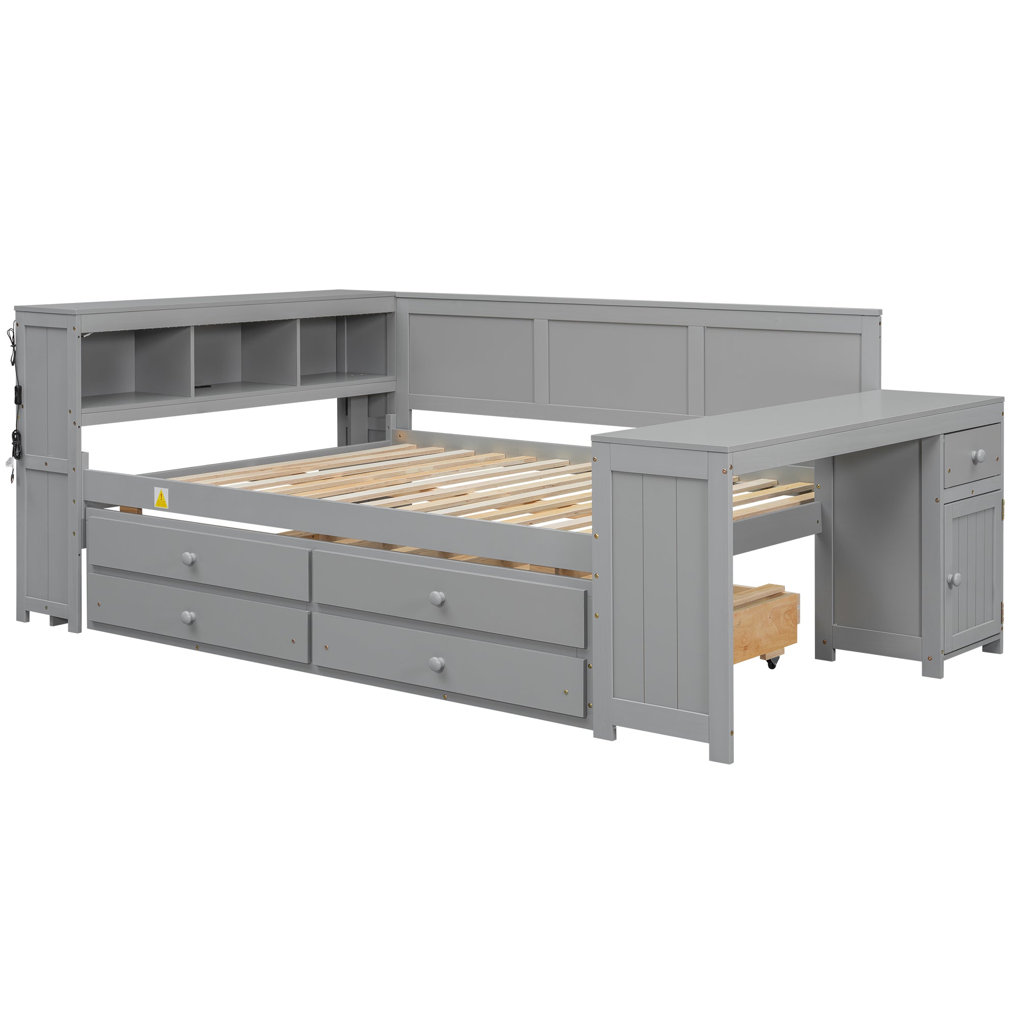 Modern Full Size Daybed with Storage Shelves, Drawers, Trundle, Charging Station, LED Light, Desk and Cabinet in Gray - Solid Wood+MDF